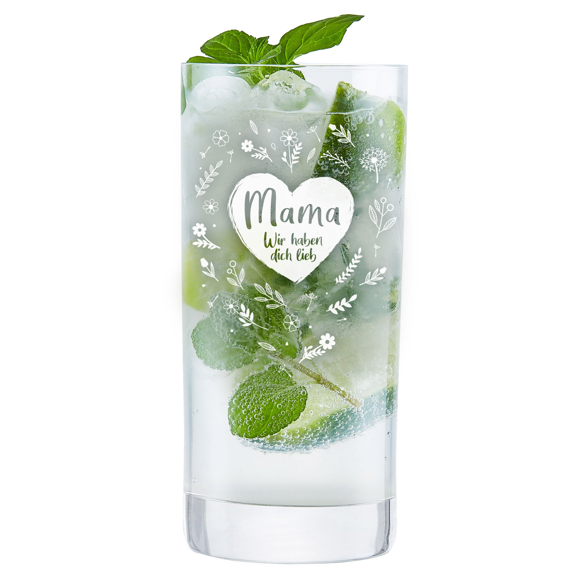 Wasser Glas mit Gravur für Mama, Saftglas mit Blumenherz Motiv, Cocktailglas als Muttertagsgeschenk, Trinkgeschirr als Geschenk zum Muttertag