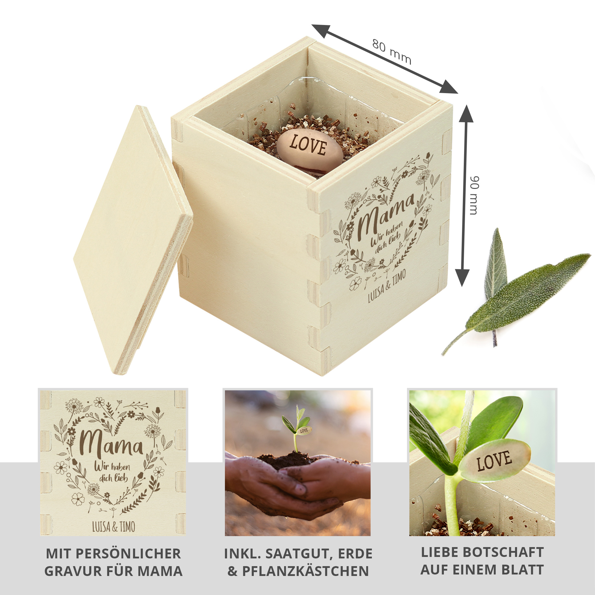 Zauberbohne für Mama mit Blumenherz Gravur 2