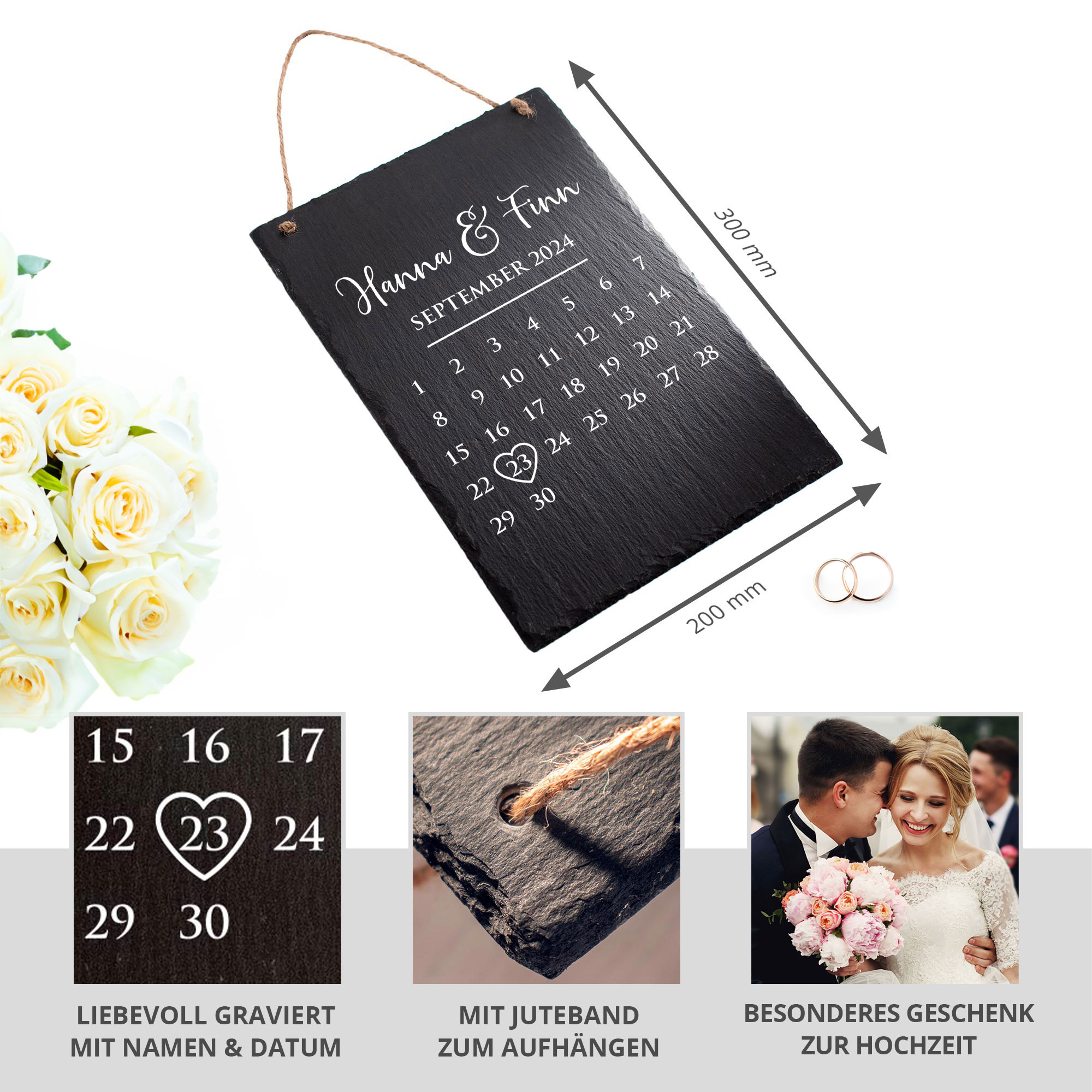 Schieferplatte XXL mit Gravur zur Hochzeit - Kalender