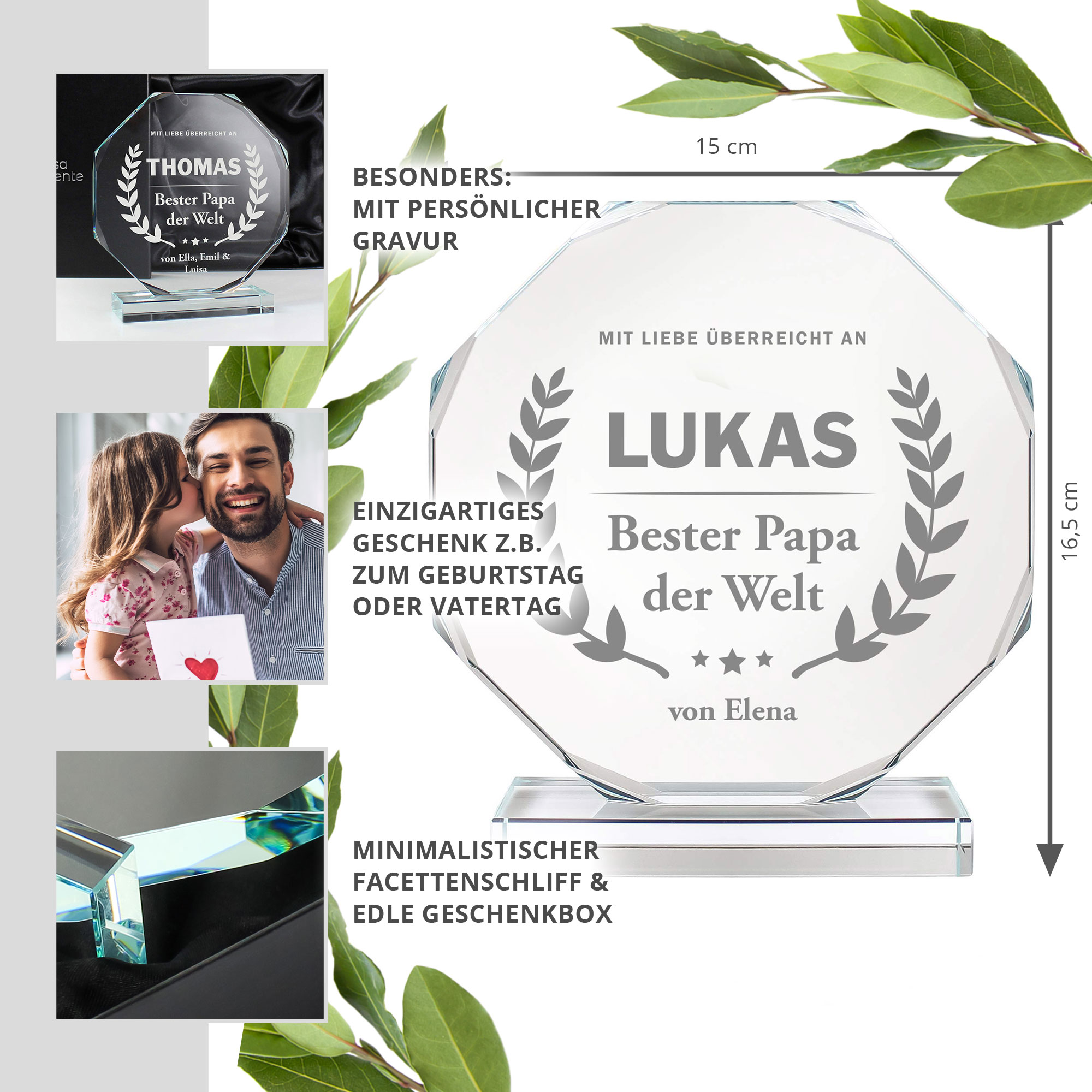 Gravierter Glaspokal Trophäe mit Facettenschliff - Bester Papa