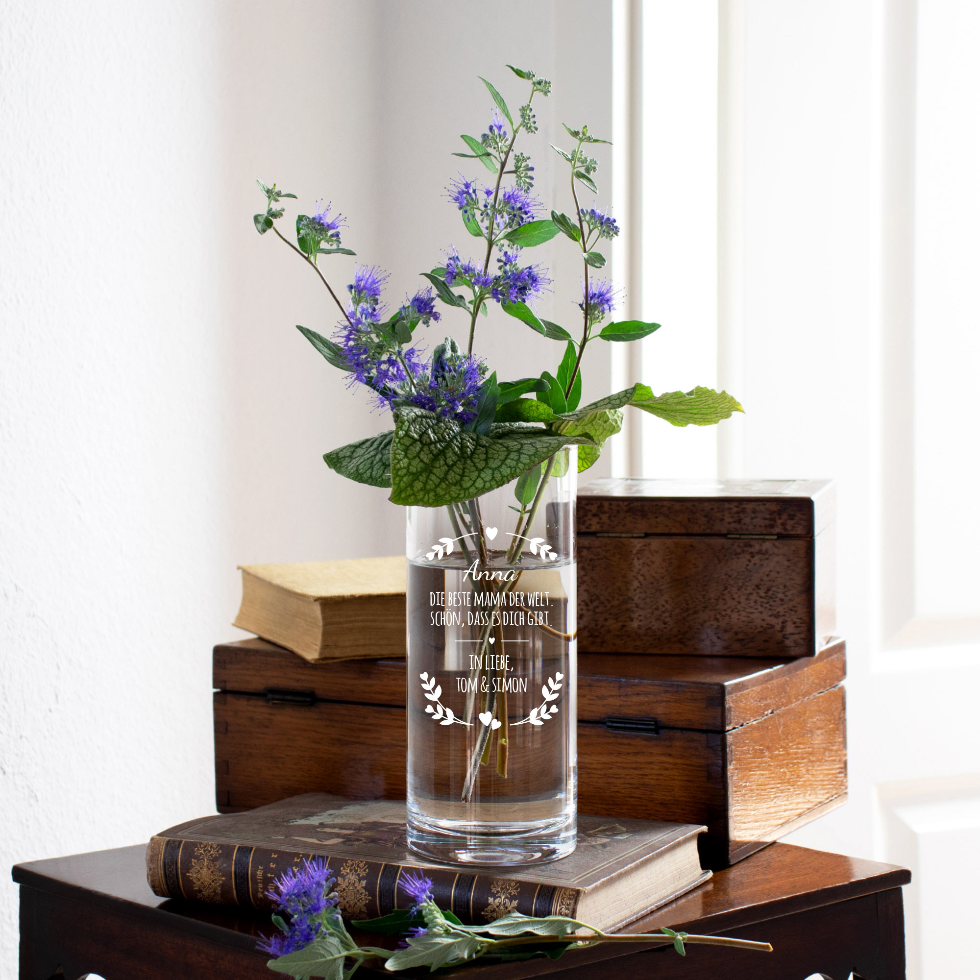 Runde Vase mit Gravur - personalisiert für die Beste Mama