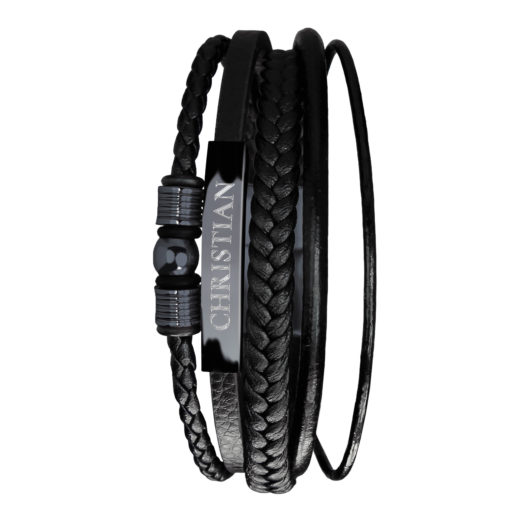 Geflochtenes Lederarmband mit Beads Schwarz - mit Gravur