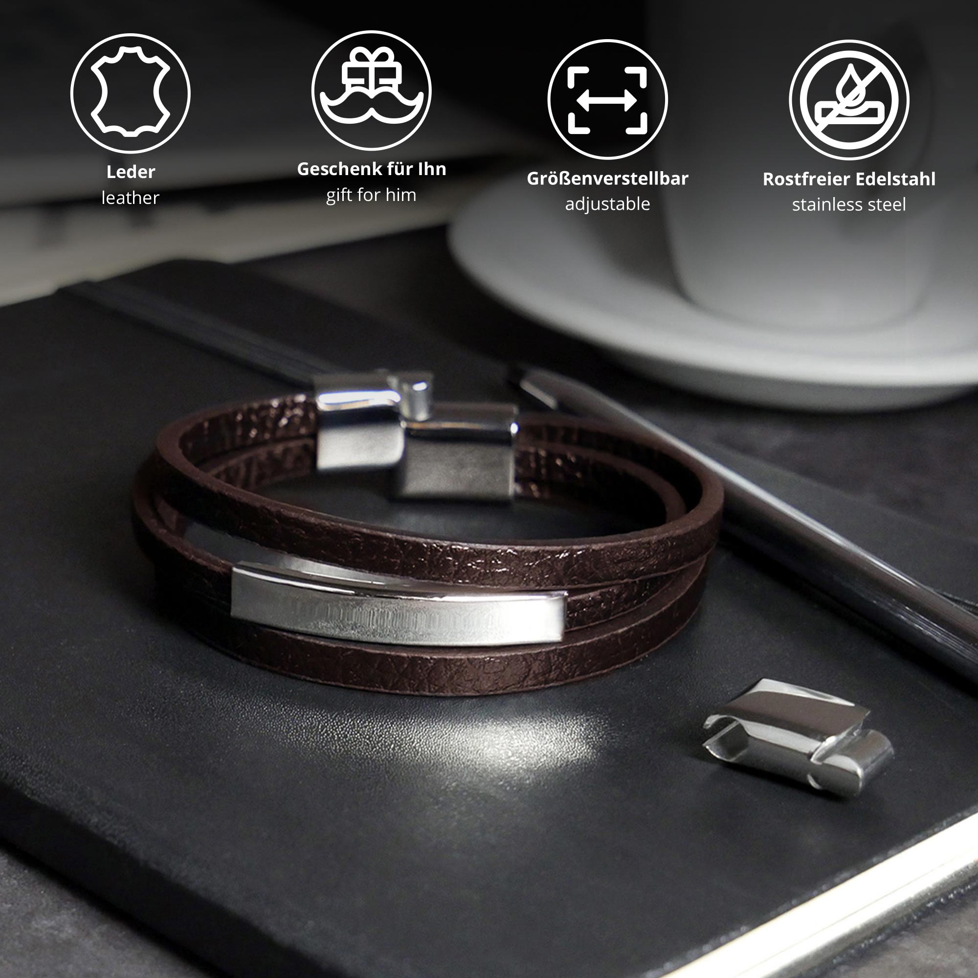 Handschmuck für Männer, Herren Armband aus Leder, Echtlederarmband mit Verschluss, Herrenschmuck Armband, Braunes Wickelarmband, Lederband Accessoir