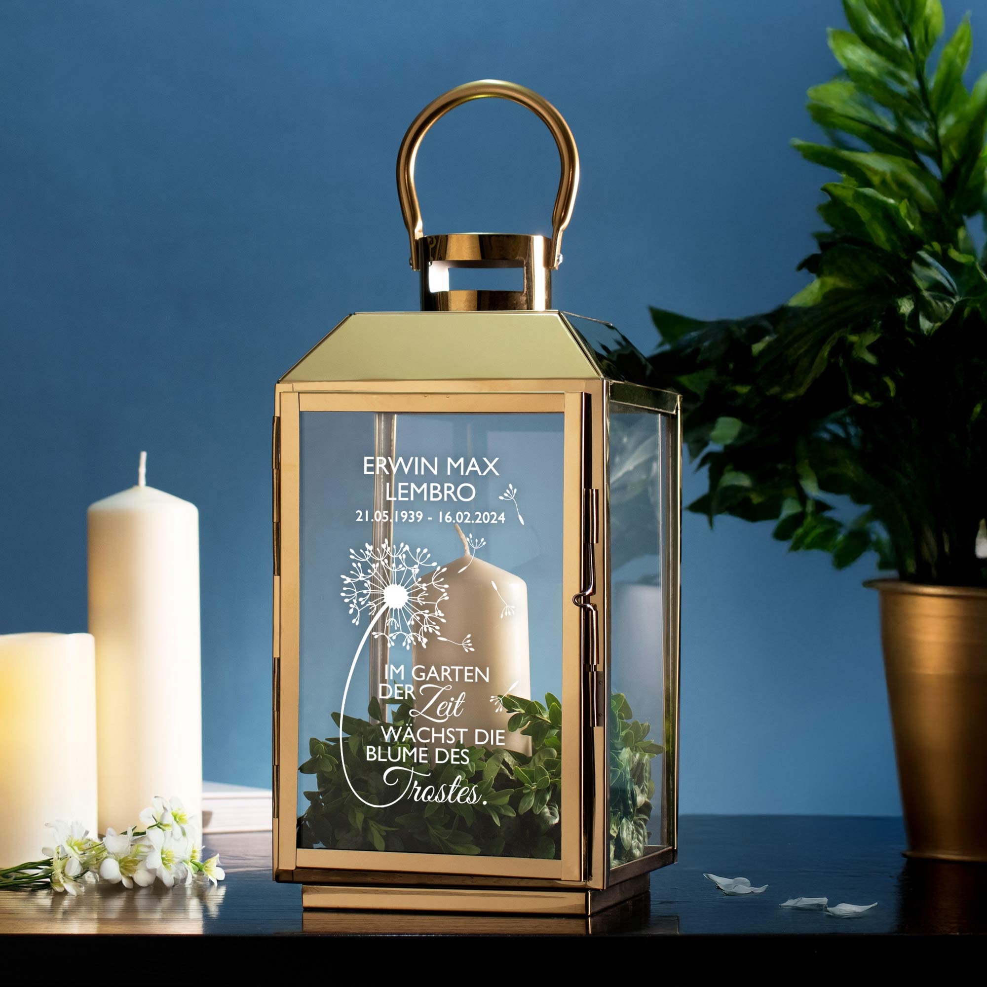 Gold Laterne mit Gravur - Trauerblume