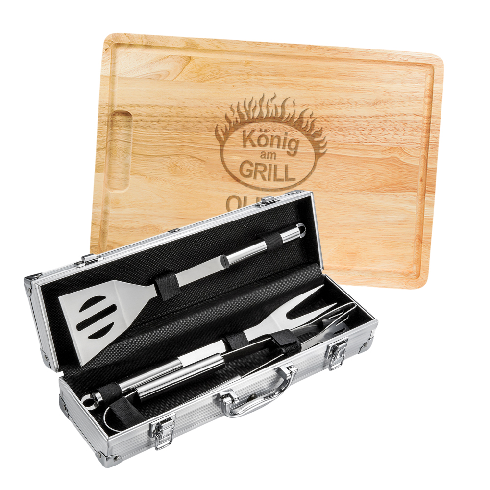 BBQ Set - Grillbesteck im Koffer - Schneidebrett mit Gravur - Grillmeister