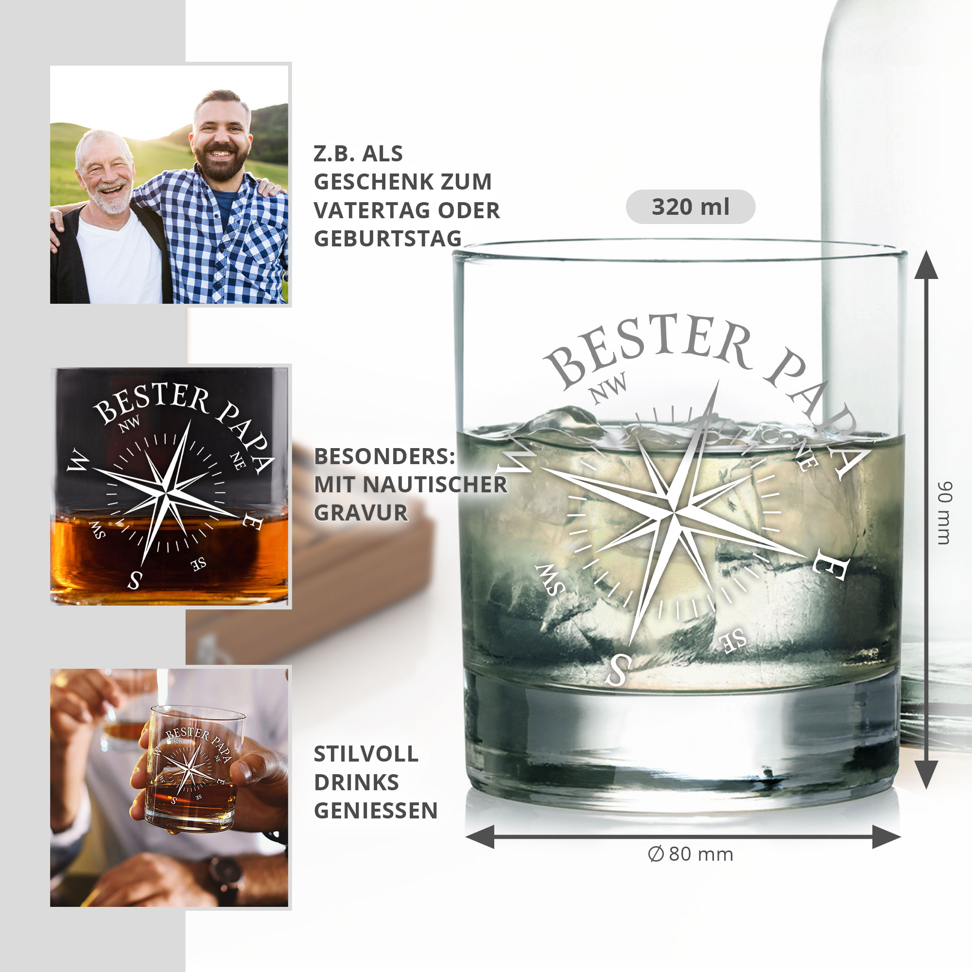 Whiskey Glas mit Gravur, Whisky Geschenk für Papa mit Kompass Motiv, Whisky Zubehör als Vatertagsgeschenk, Graviertes Whisky Glas im Tumbler Stil