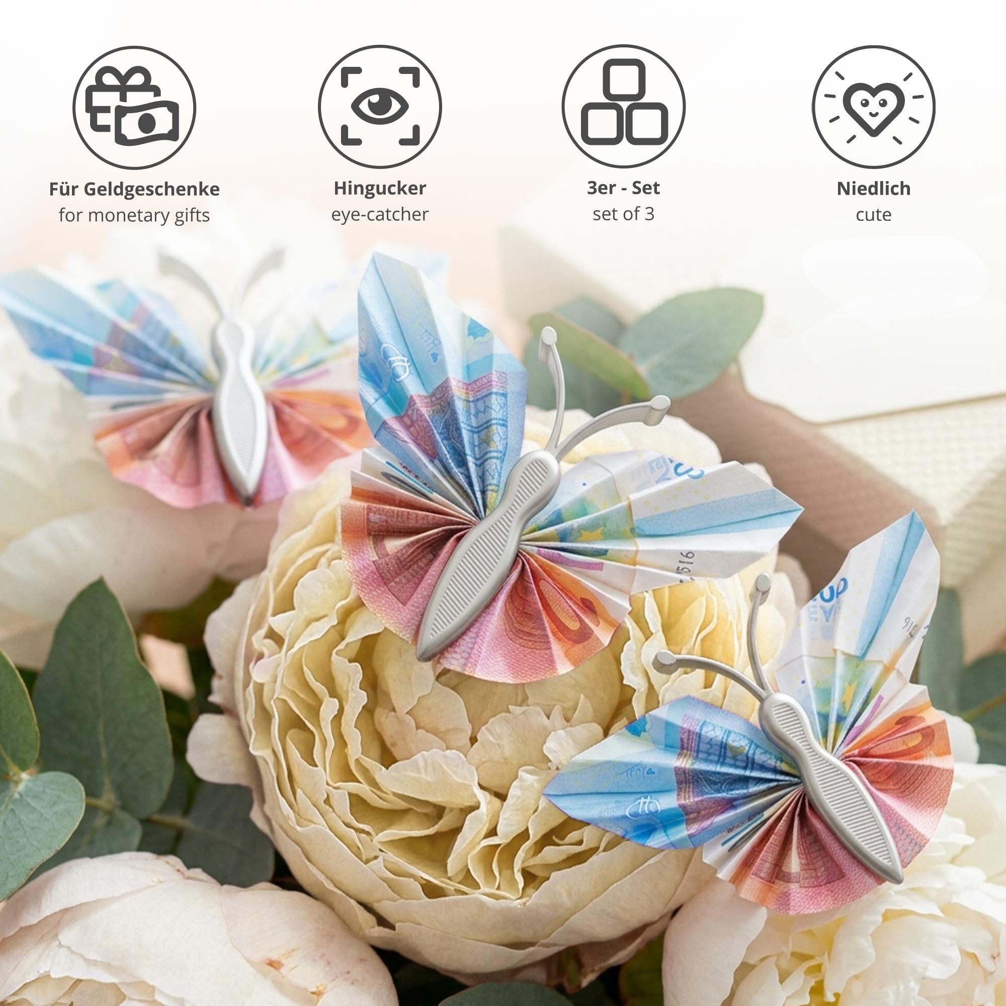 Geldgeschenk Schmetterling - 3er Set Geschenkverpackung für Geld in Silber