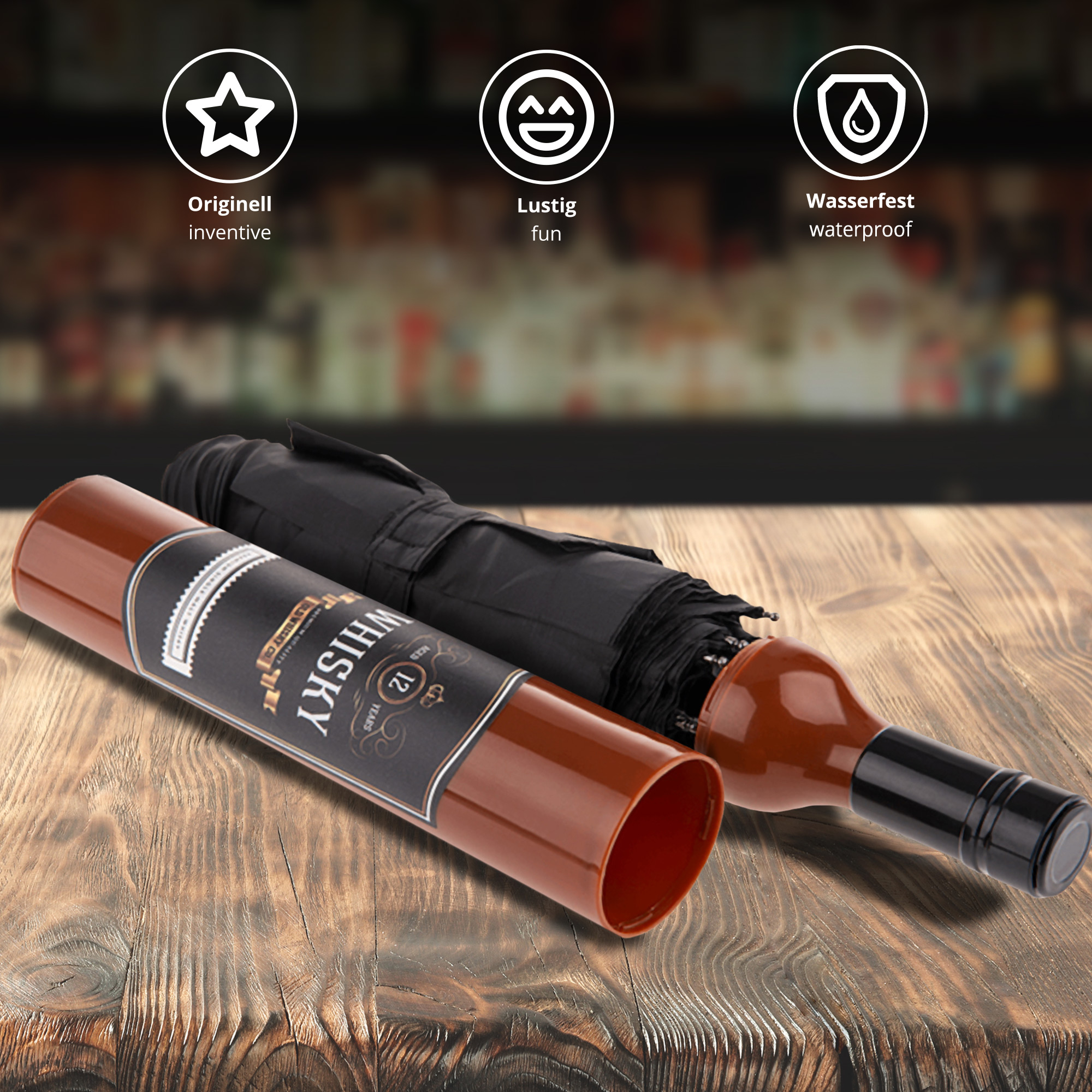 Taschenschirm Scherzartikel, Whisky Stockschirm, Schirm mit Whisky Hülle, Wasserabweisender Regenschutz, Originelles Bekleidungszubehör