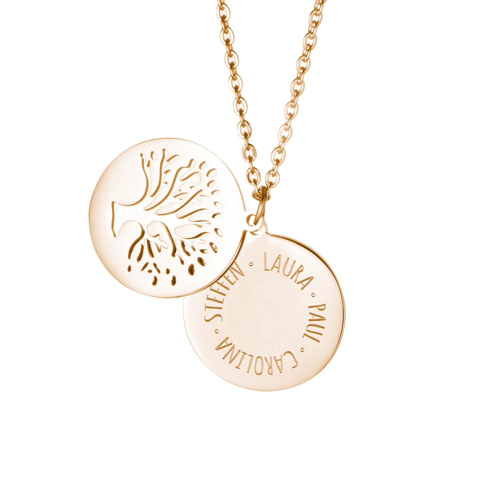 Kette mit Anhänger Lebensbaum - Kreis aus Namen - Gold