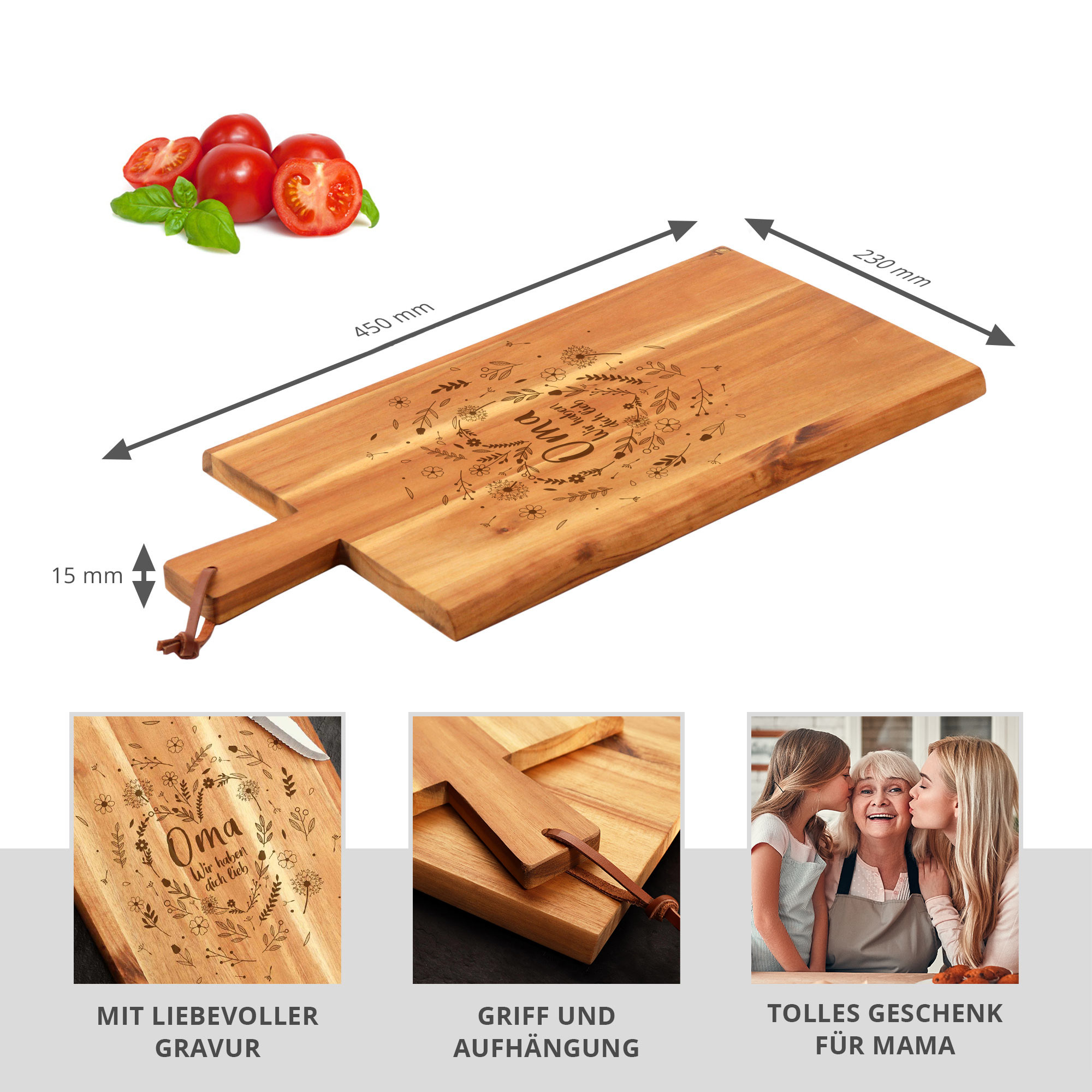 Frühstücksbrettchen mit Gravur für Oma, Vesperbrett mit Blumenherz Motiv, Brotzeitbrett für die Großmutter, Graviertes Servierbrett für die Küc