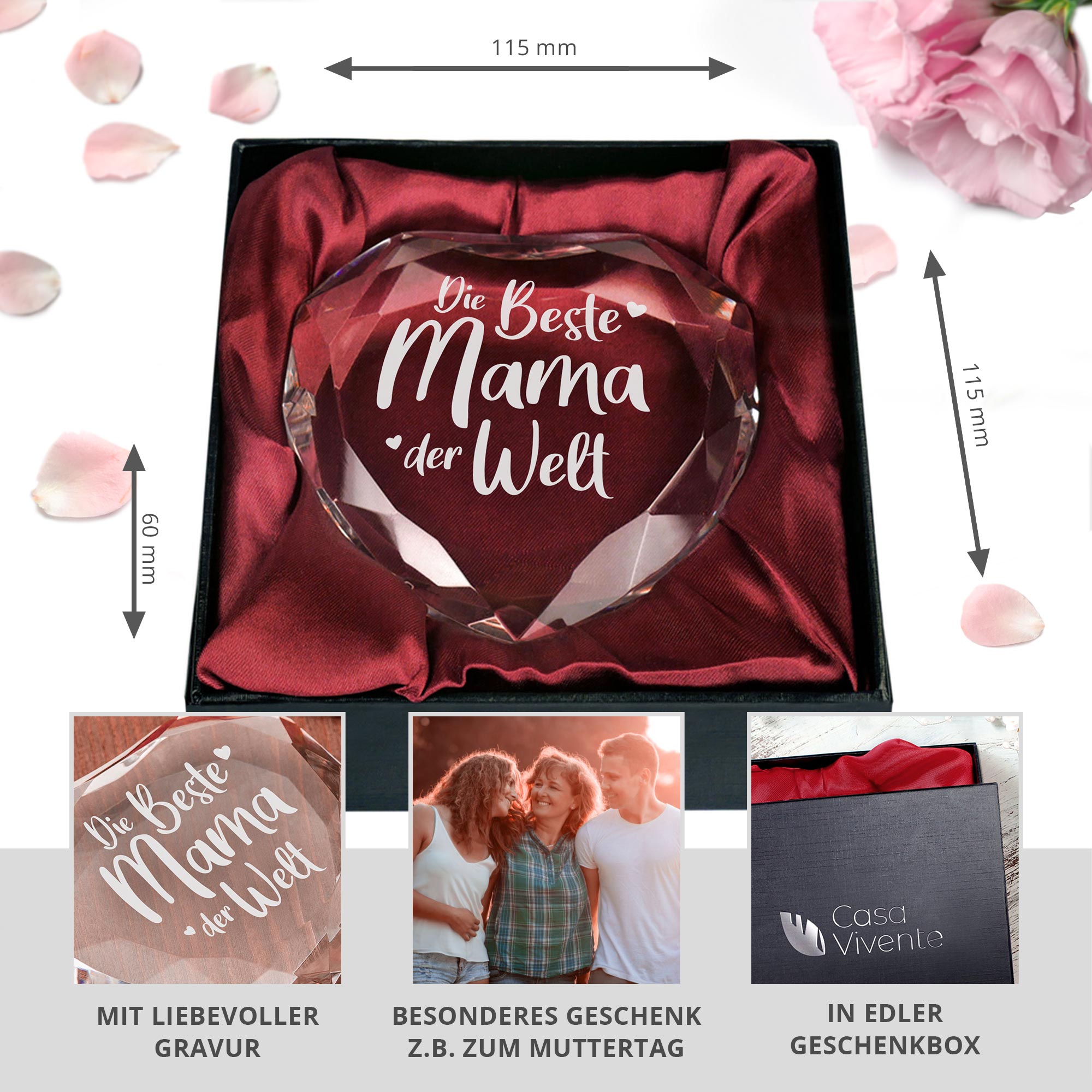 Glasherz als Muttertagsgeschenk, Diamant Dekoration mit graviertem Schriftzug, Glas Kristall für Mama, Glasherz als Tischdeko und Briefbeschwerer