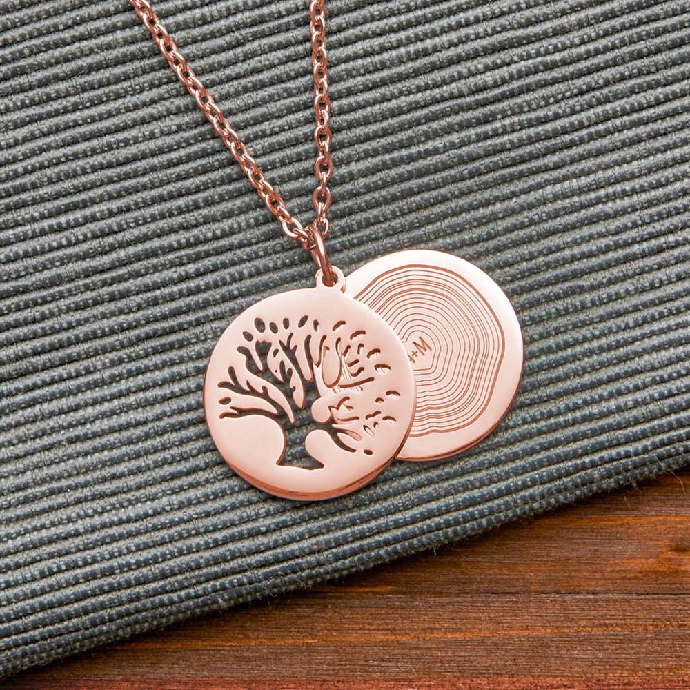 Kette mit Gravur und Lebensbaum-Anhänger - Jahresringe - Roségold