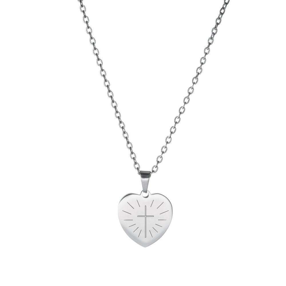 Kette mit Herz-Anhänger mit Gravur - Motiv Kreuz mit Namen und Datum - Silber