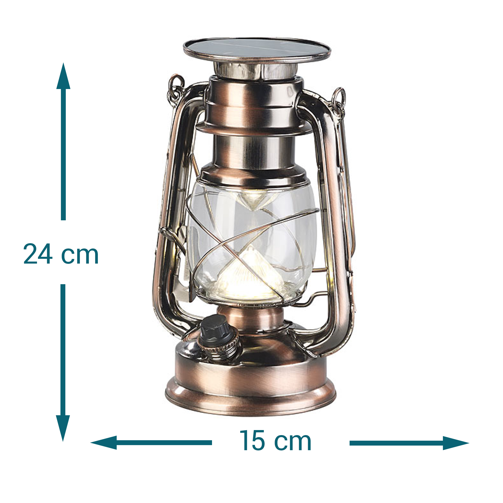 Solarbetriebene LED Leuchte im Sturmlampen-Design
