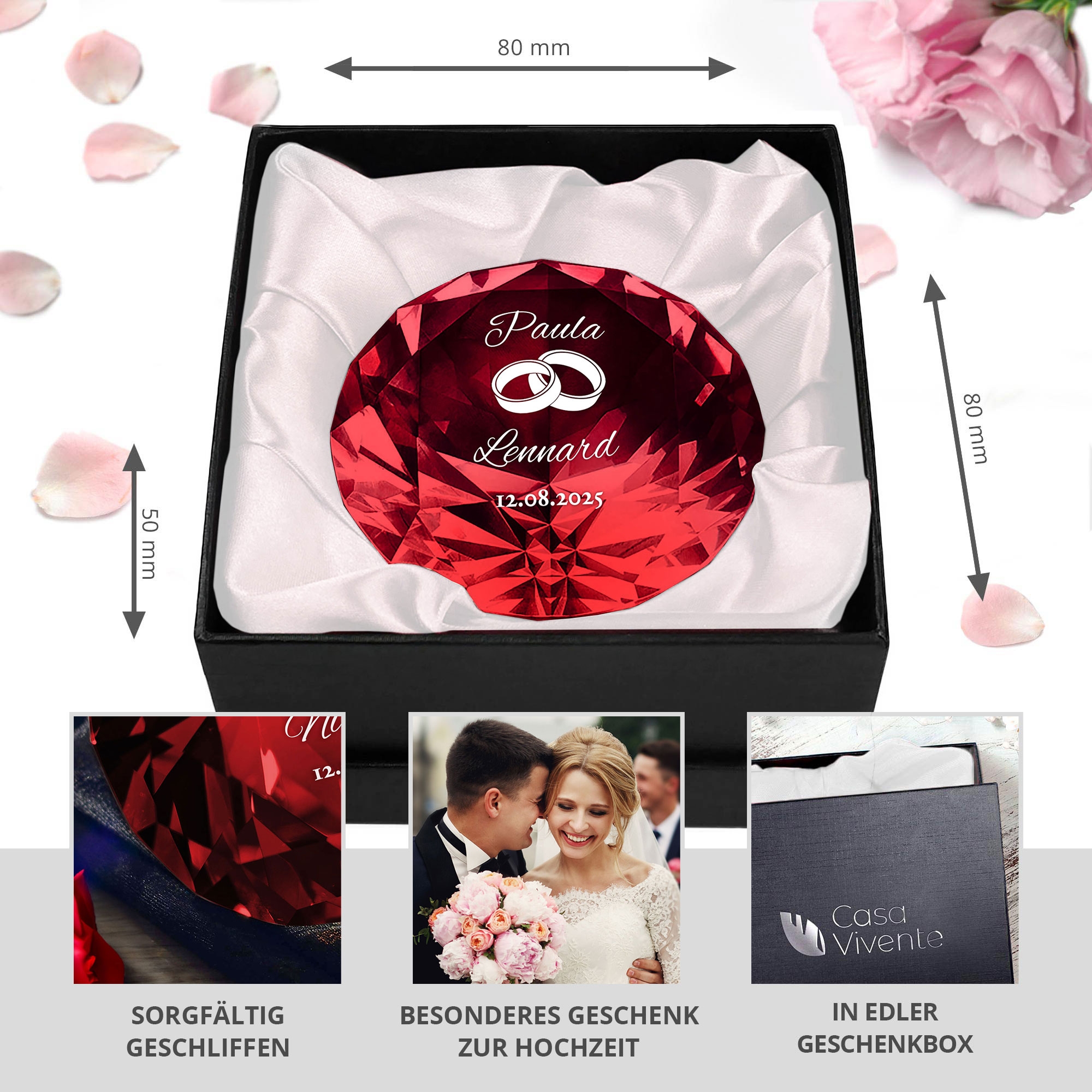 Roter Diamant Kristall zur Hochzeit mit Gravur - Ringe