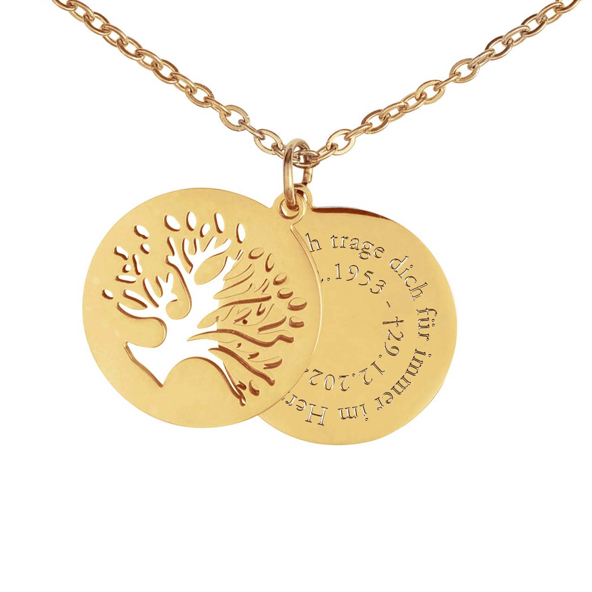 Kette Gold mit Gravur und 2 Anhängern - Lebensbaum