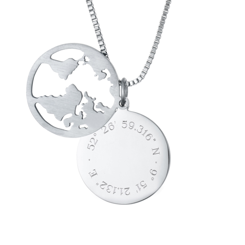 Kette mit Anhänger Welt - Geokoordinaten - Silber