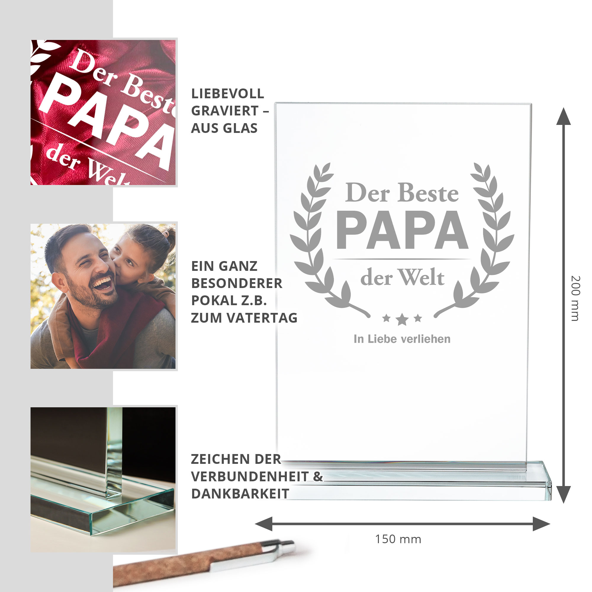 Pokal aus Glas für Papa, Gravierte Glasdeko als Vatertagsgeschenk, Glastrophäe mit Gravur für den Vater, Trophäe aus Glas als Geschenk zum Vaterta