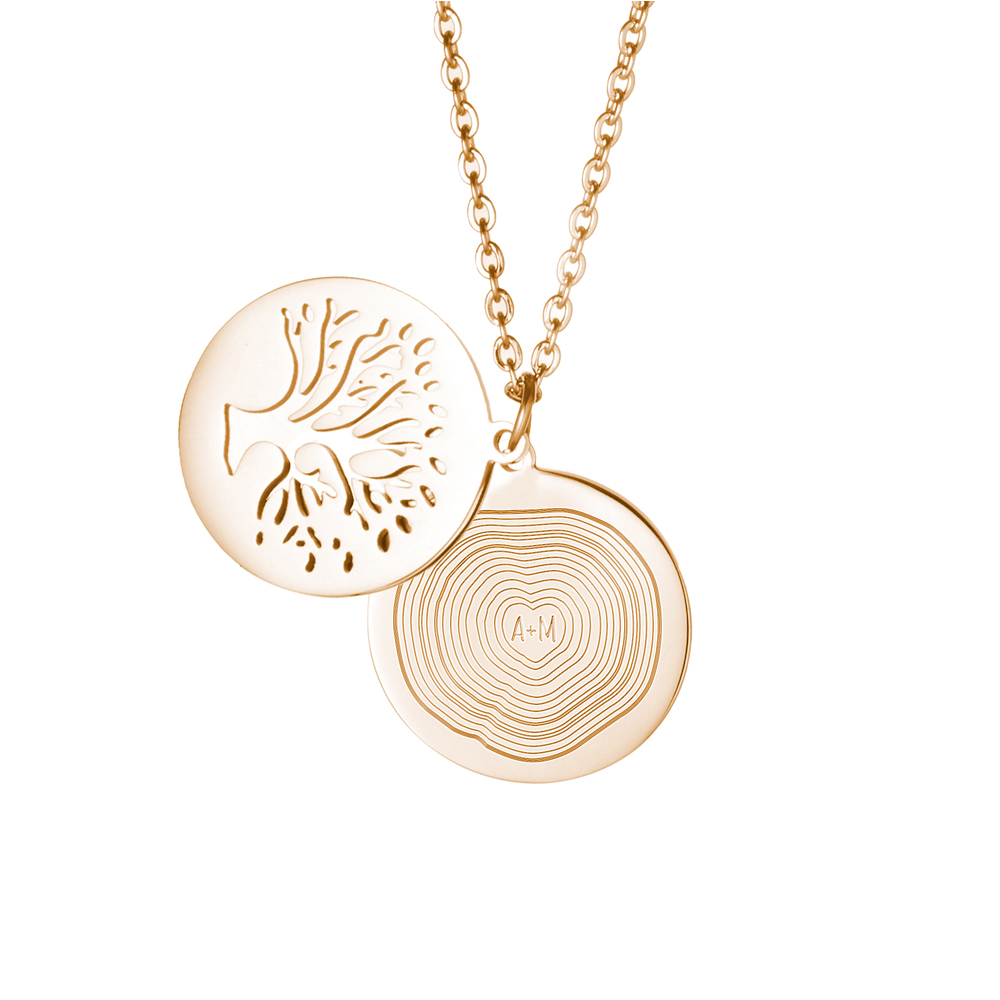 Kette mit Gravur und Lebensbaum-Anhänger - Jahresringe - Gold