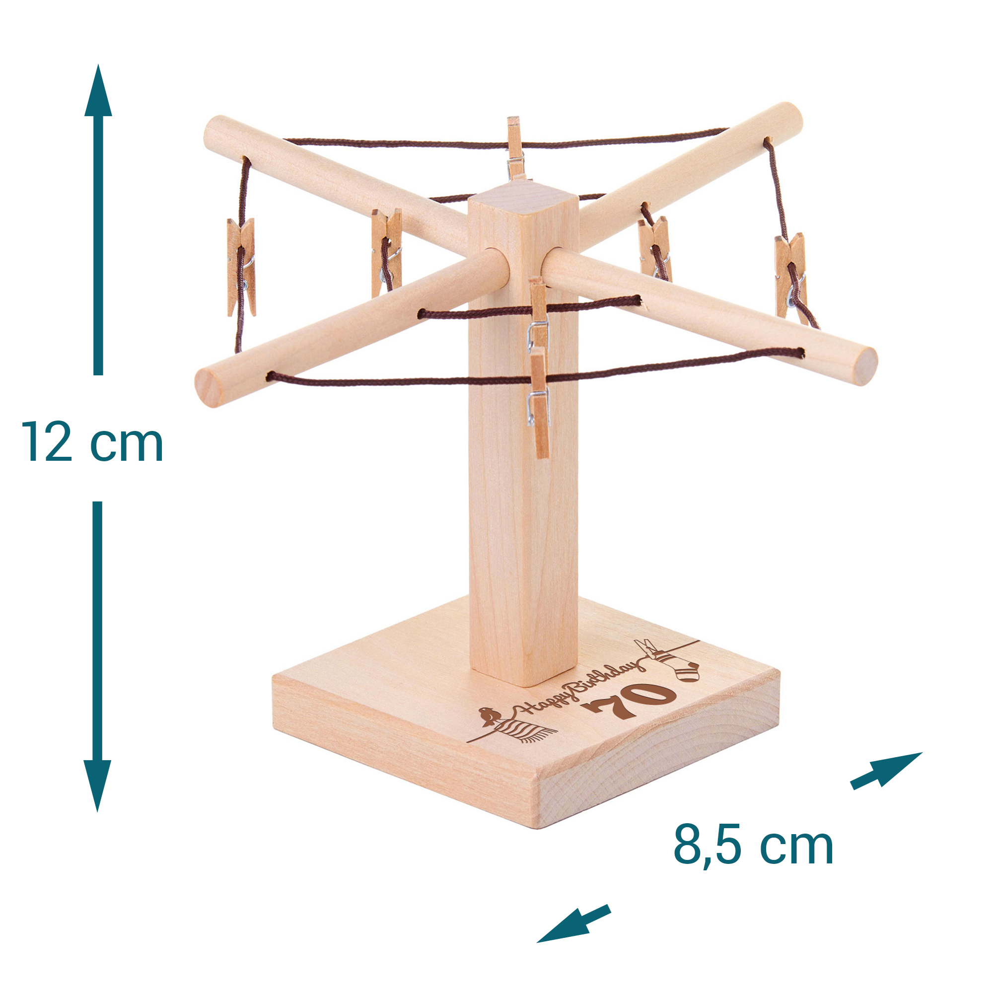 Geld Wäschespinne mit Gravur zum 70. Geburtstag, Wäscheleine zum selbst Gestalten mit 8 Miniklammern, Wäsche Spinne als Geldgeschenk verpacken