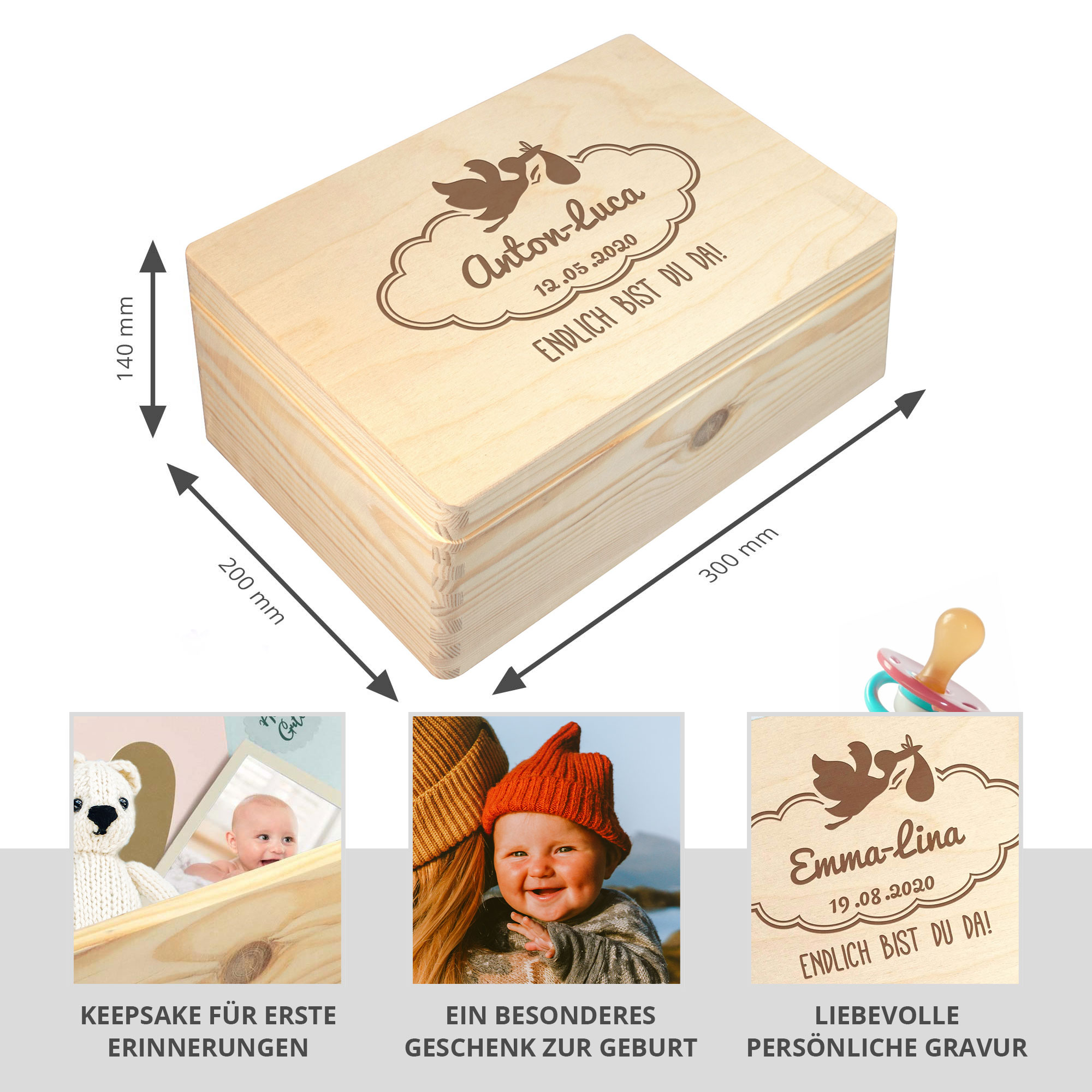 Erinnerungsbox zur Geburt Storch - Personalisierte Memory Box