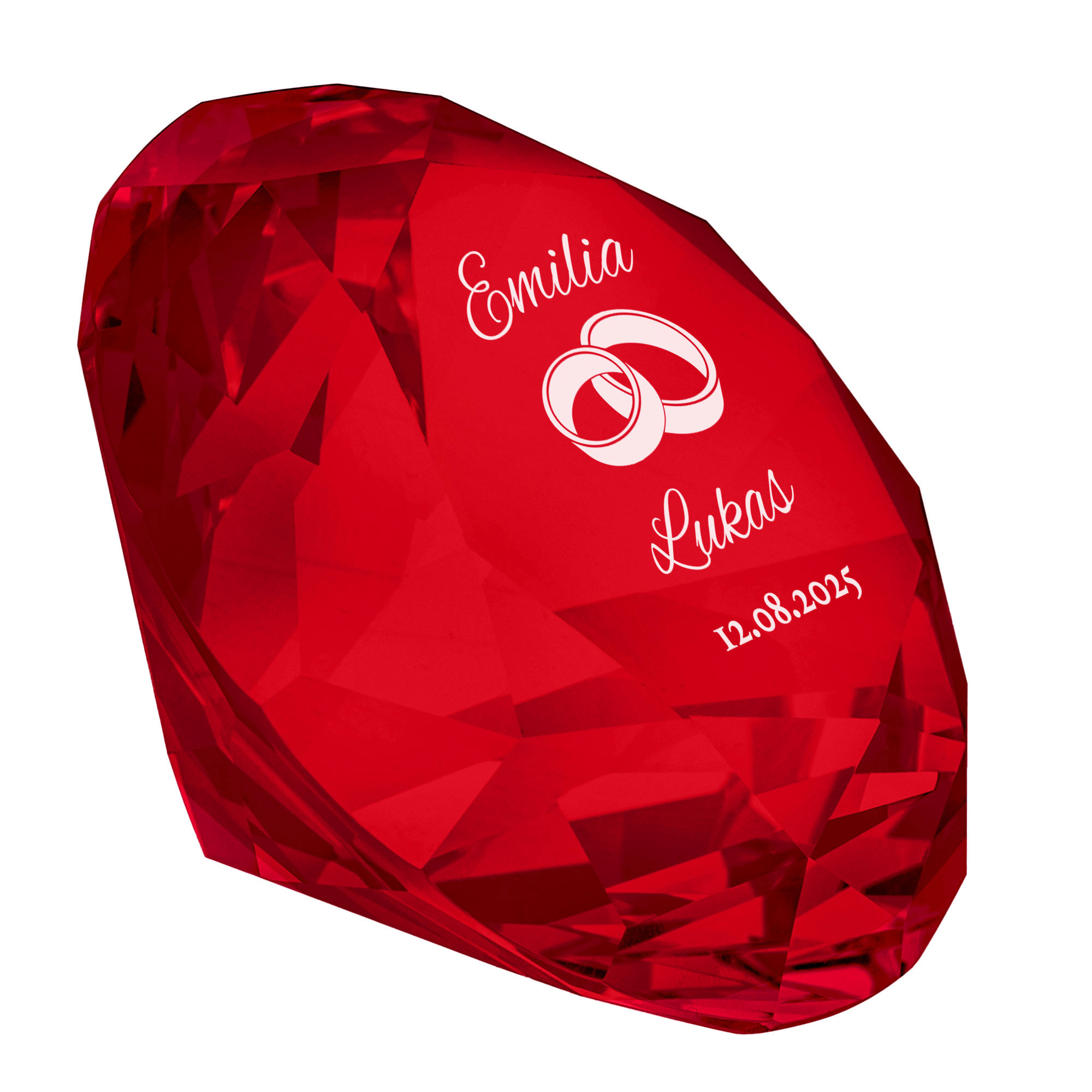 Roter Diamant Kristall zur Hochzeit mit Gravur - Ringe