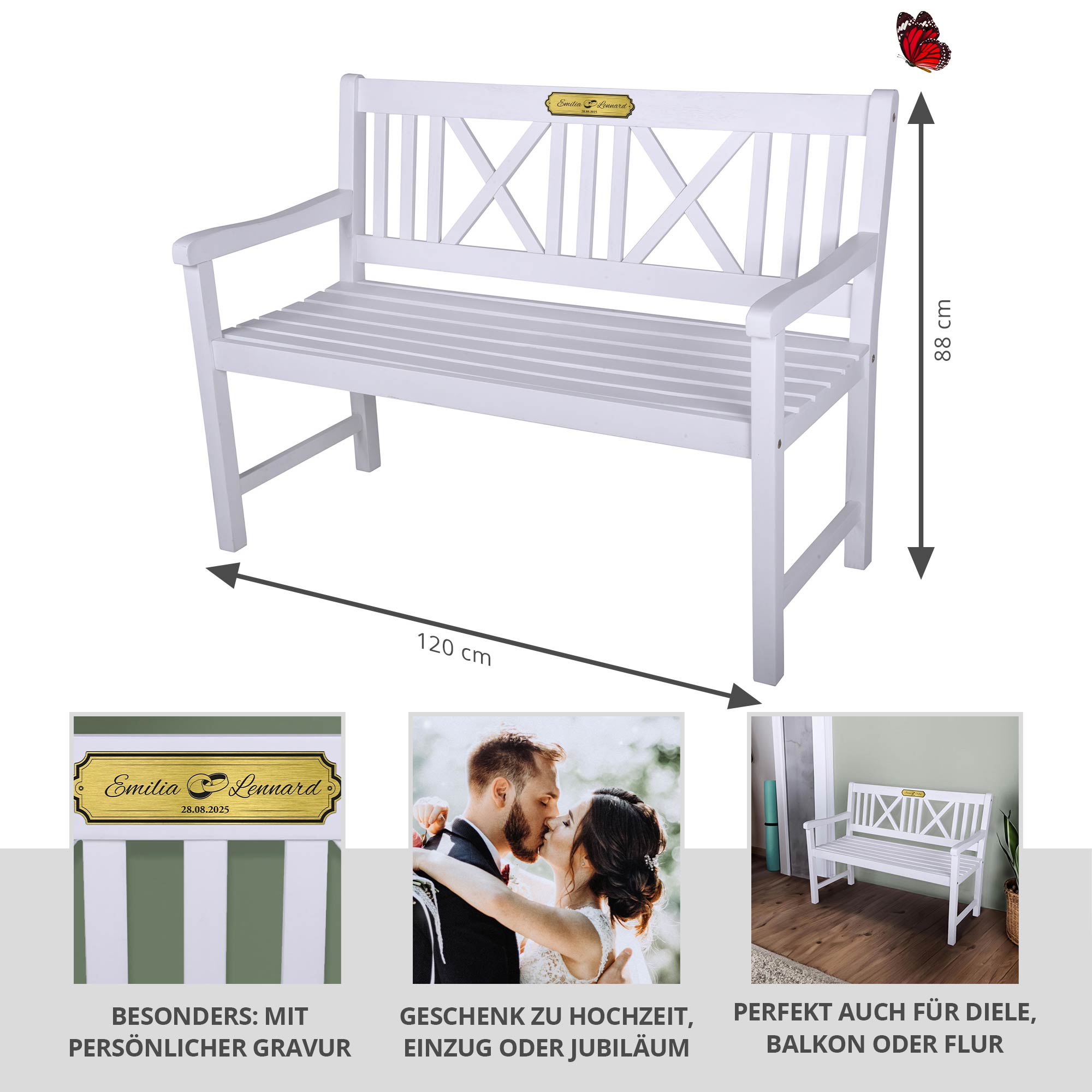 Gartenbank zur Hochzeit 2 Sitzer mit gravierter Plakette - Weiß