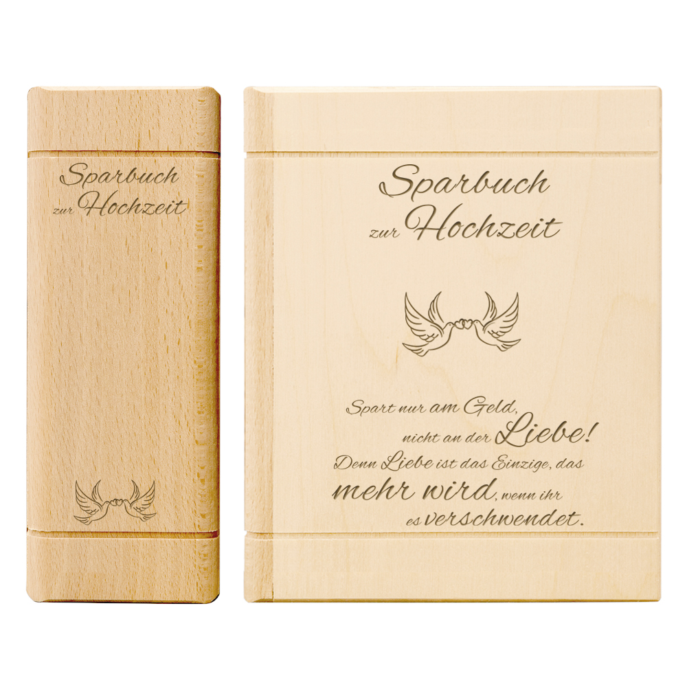 Sparbuch aus Holz mit Spruch zur Hochzeit