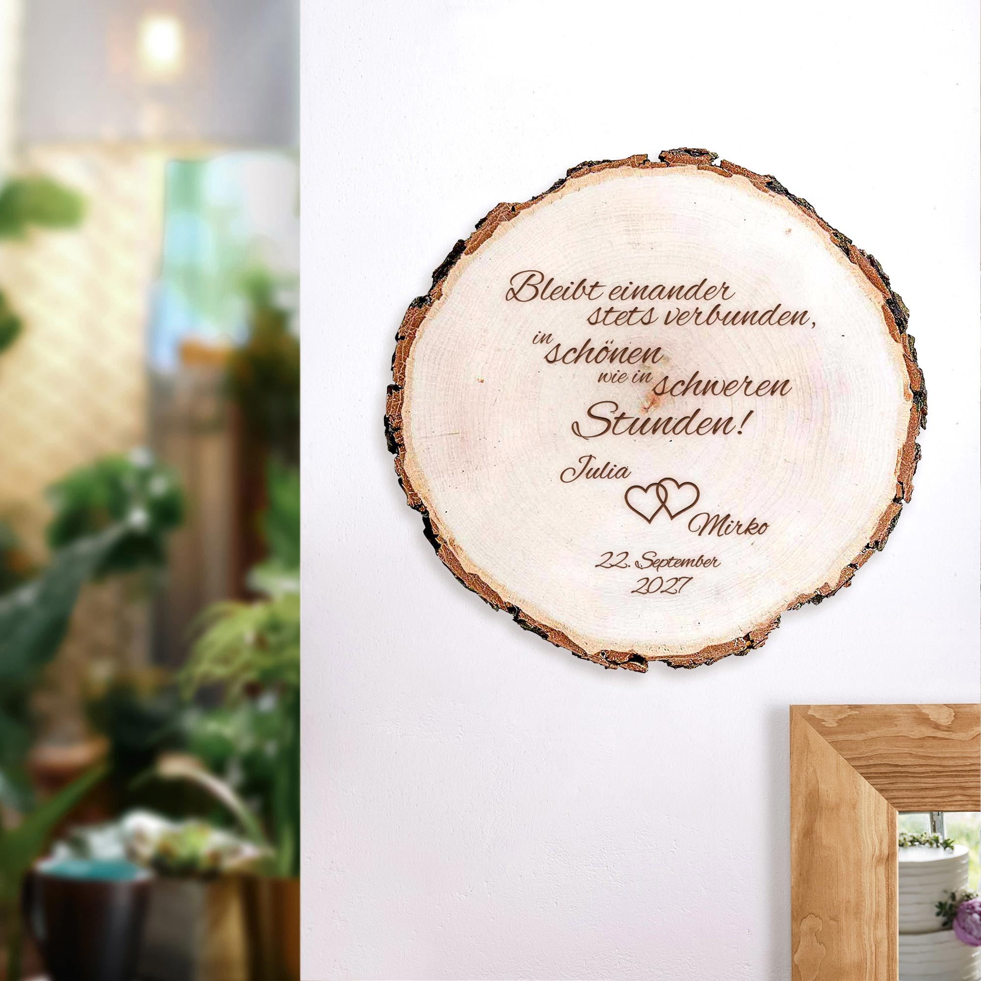 Baumscheibe mit Spruch zur Hochzeit