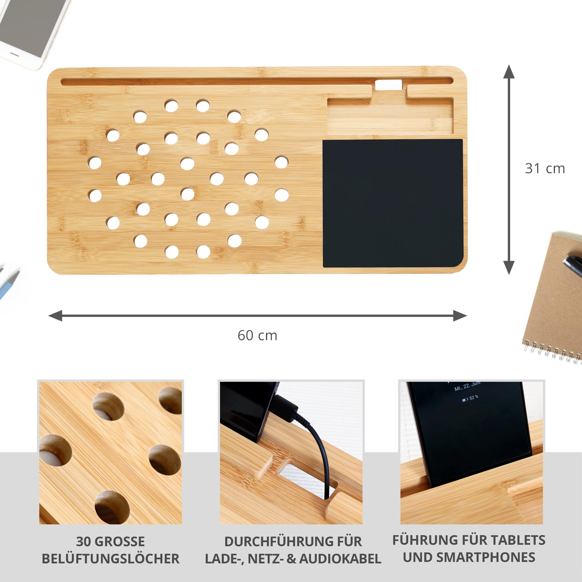 Laptoptisch mit Mauspad, Knietablett, Knietisch, Laptophalter mit Luftlöchern, Laptoptisch Bett, Betttisch Laptop, Lapdesk, Holz Unterlage