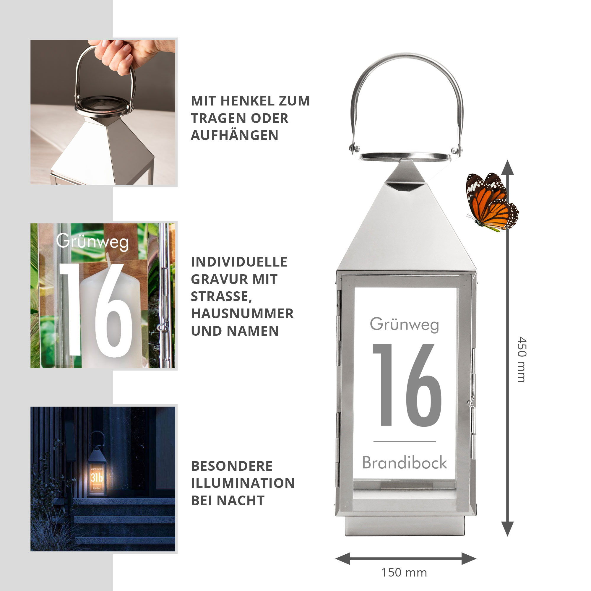 Silber Laterne mit moderner Gravur - Name und Adresse