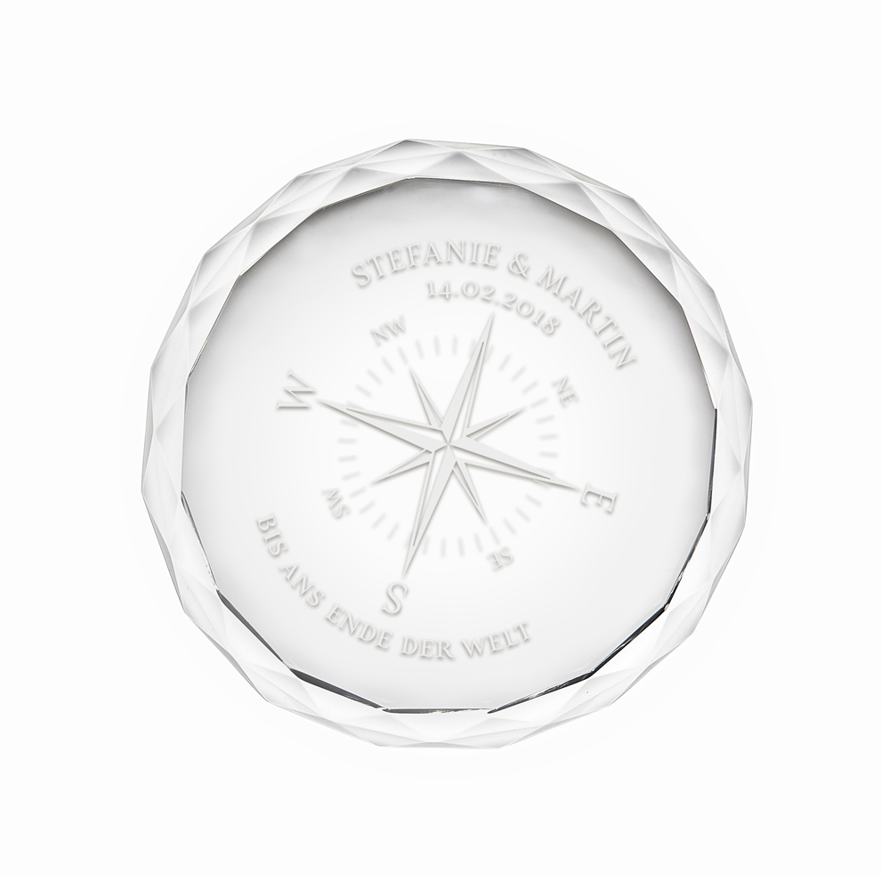 Runder Kristall aus Glas mit Gravur - Kompass der Liebe