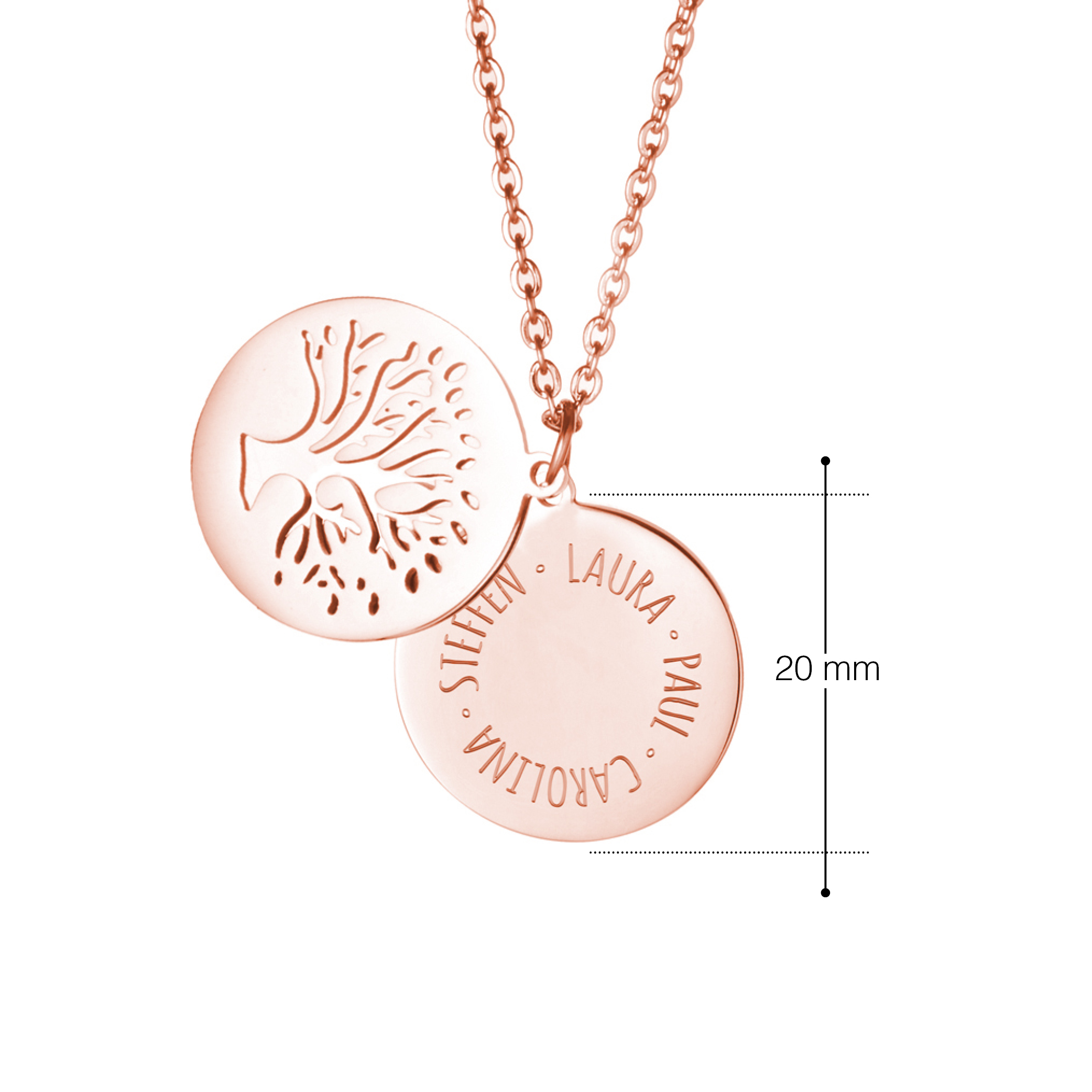 Kette mit Anhänger Lebensbaum - Kreis aus Namen - Roségold