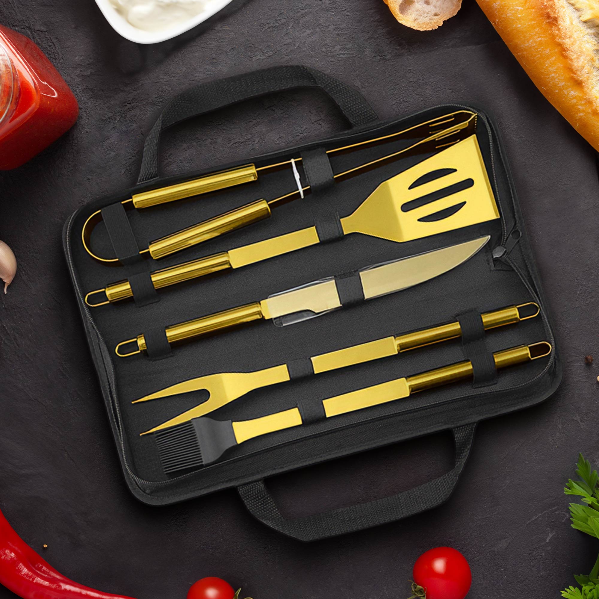 Goldenes Grillbesteck - 5-teiliges Grillset Deluxe