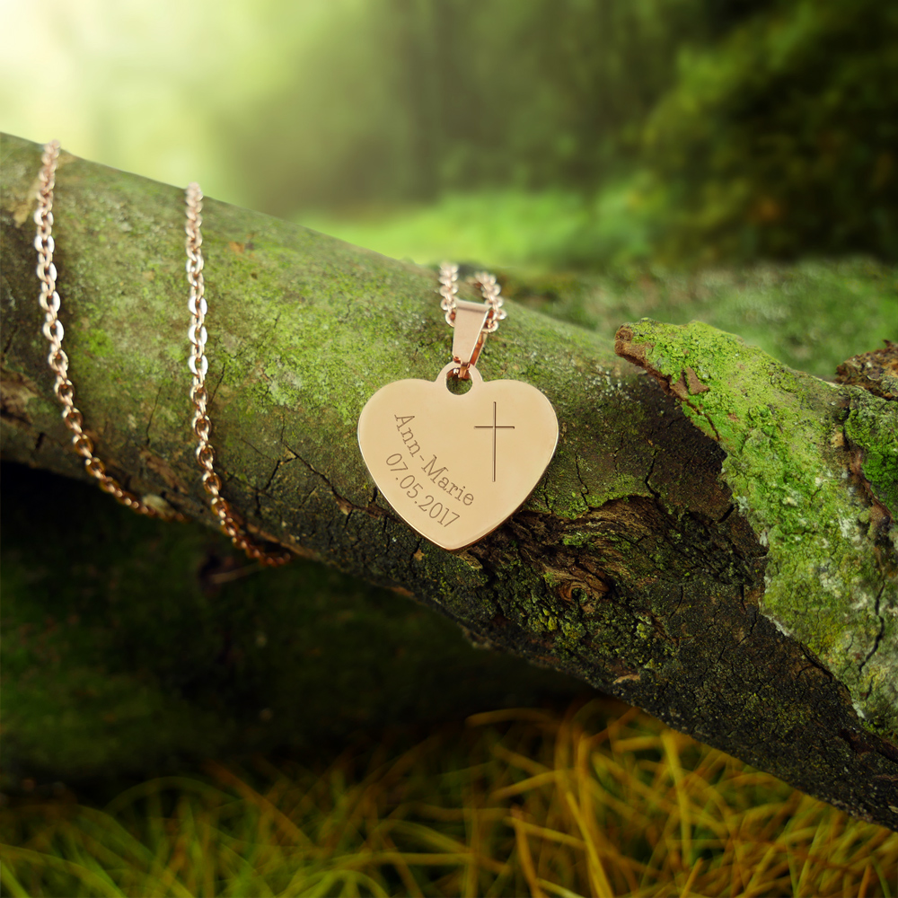 Kette mit Herz-Anhänger - Kreuzkette mit Gravur Kreuz und Datum - Roségold