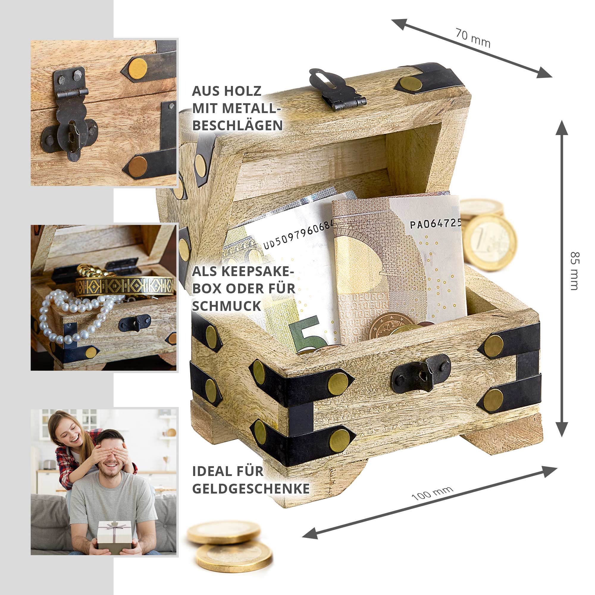 Kleine Schatztruhe aus hellem Holz - 2er Set