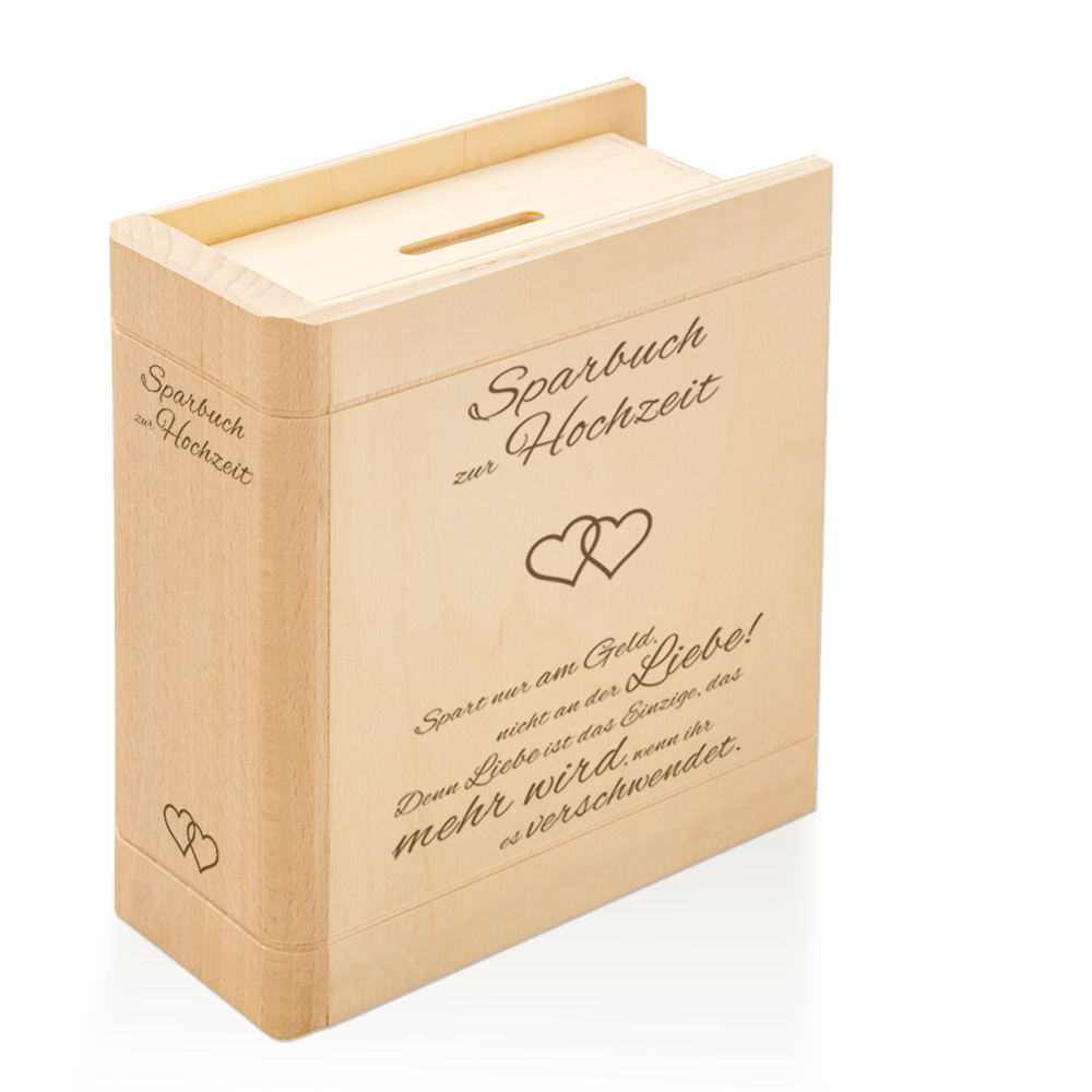 Sparbuch aus Holz mit Spruch zur Hochzeit