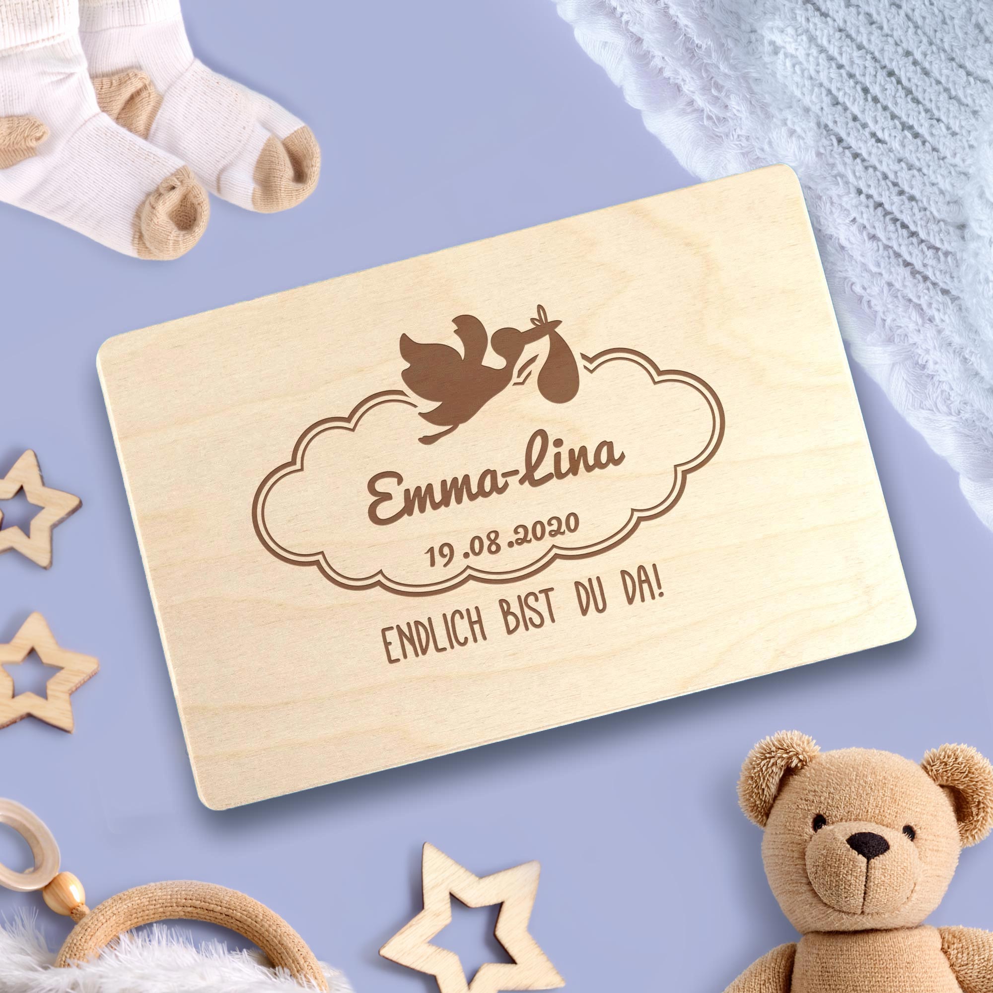 Erinnerungsbox zur Geburt Storch - Personalisierte Memory Box