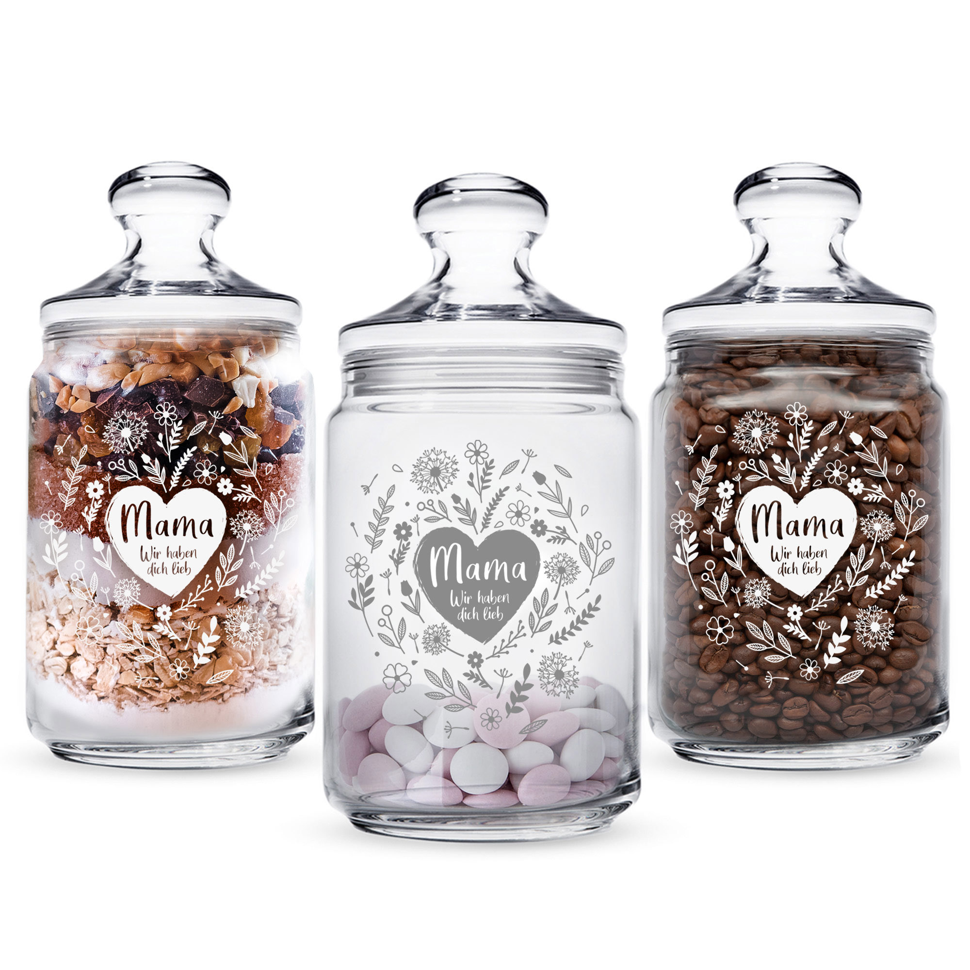 Bonboniere als Muttertagsgeschenk, Vorratsglas mit Blumenherz Motiv, Aufbewahrungsglas mit luftdichtem Verschluss, Süßigkeiten Glas mit Gravur