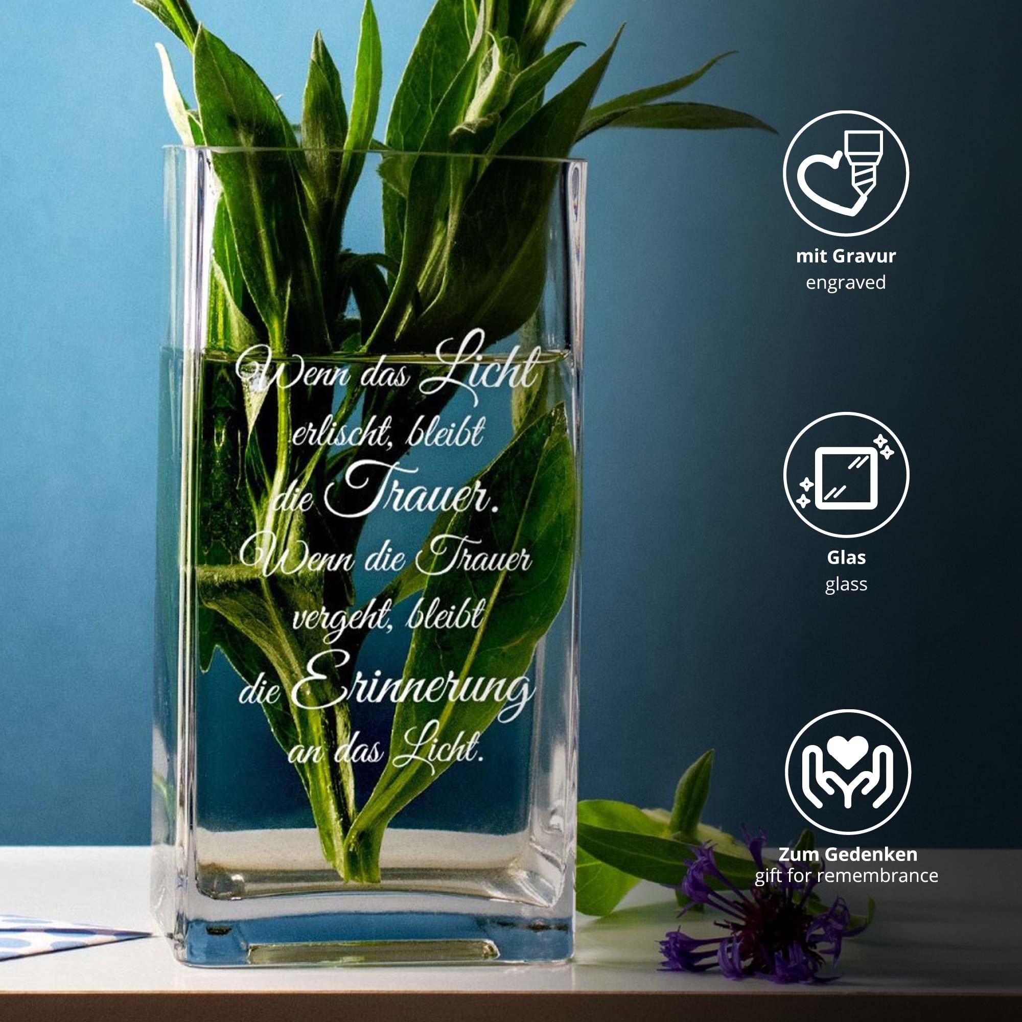 Eckige Vase mit Gravur - Trauerspruch