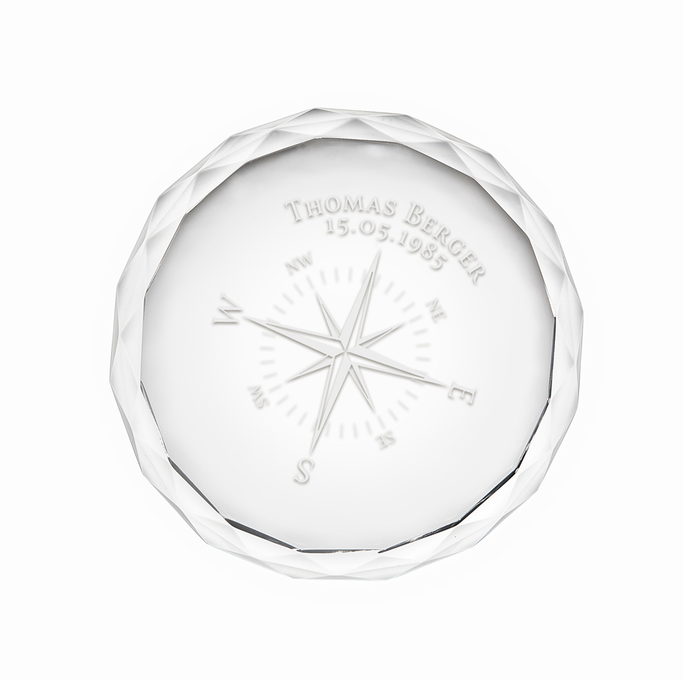 Runder Kristall aus Glas mit Gravur - Kompass