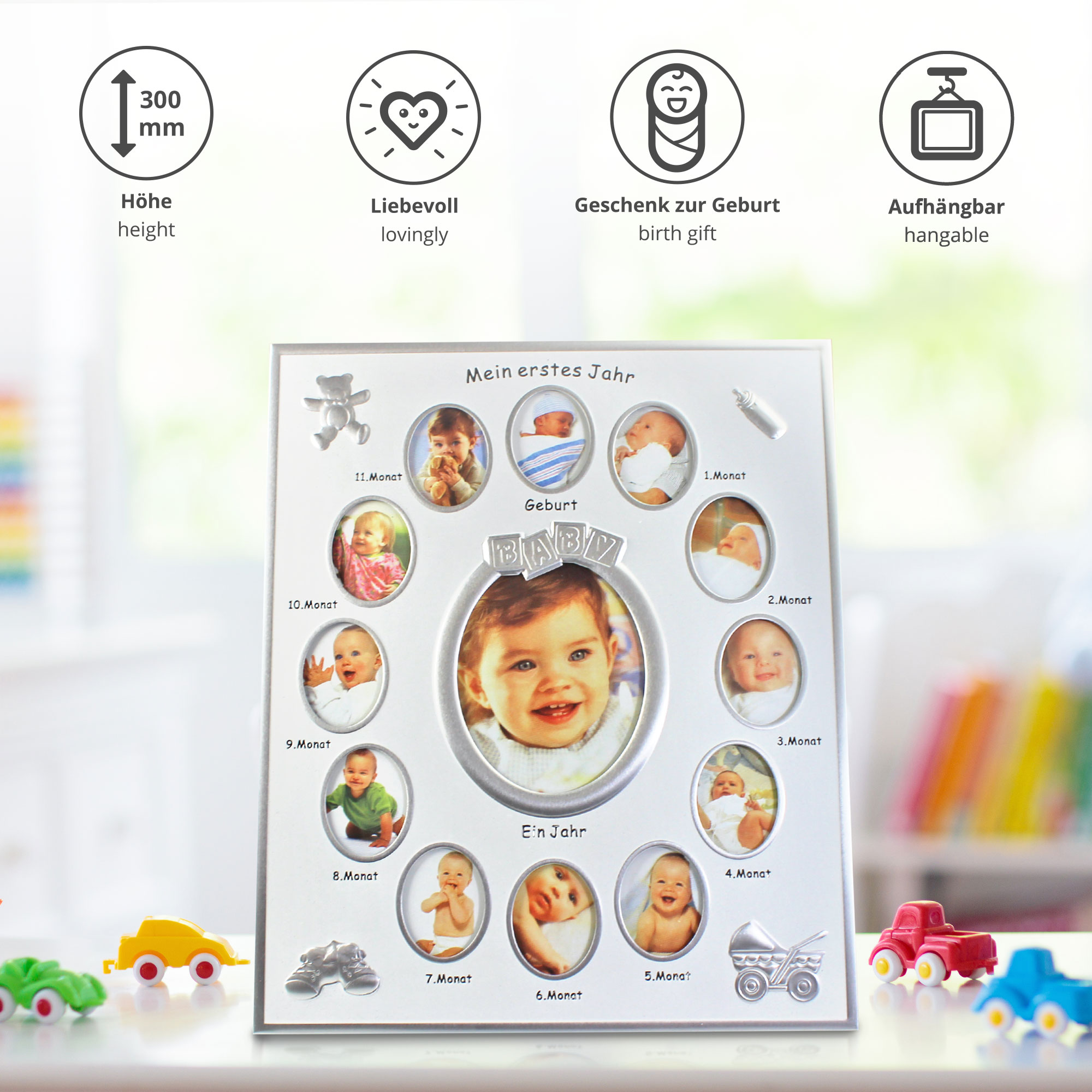 Bilderrahmen für Babybilder, Baby Galerie als Andenken, First Year Rahmen als Geschenk zur Geburt, Geburtstagsgeschenk für Einjährige