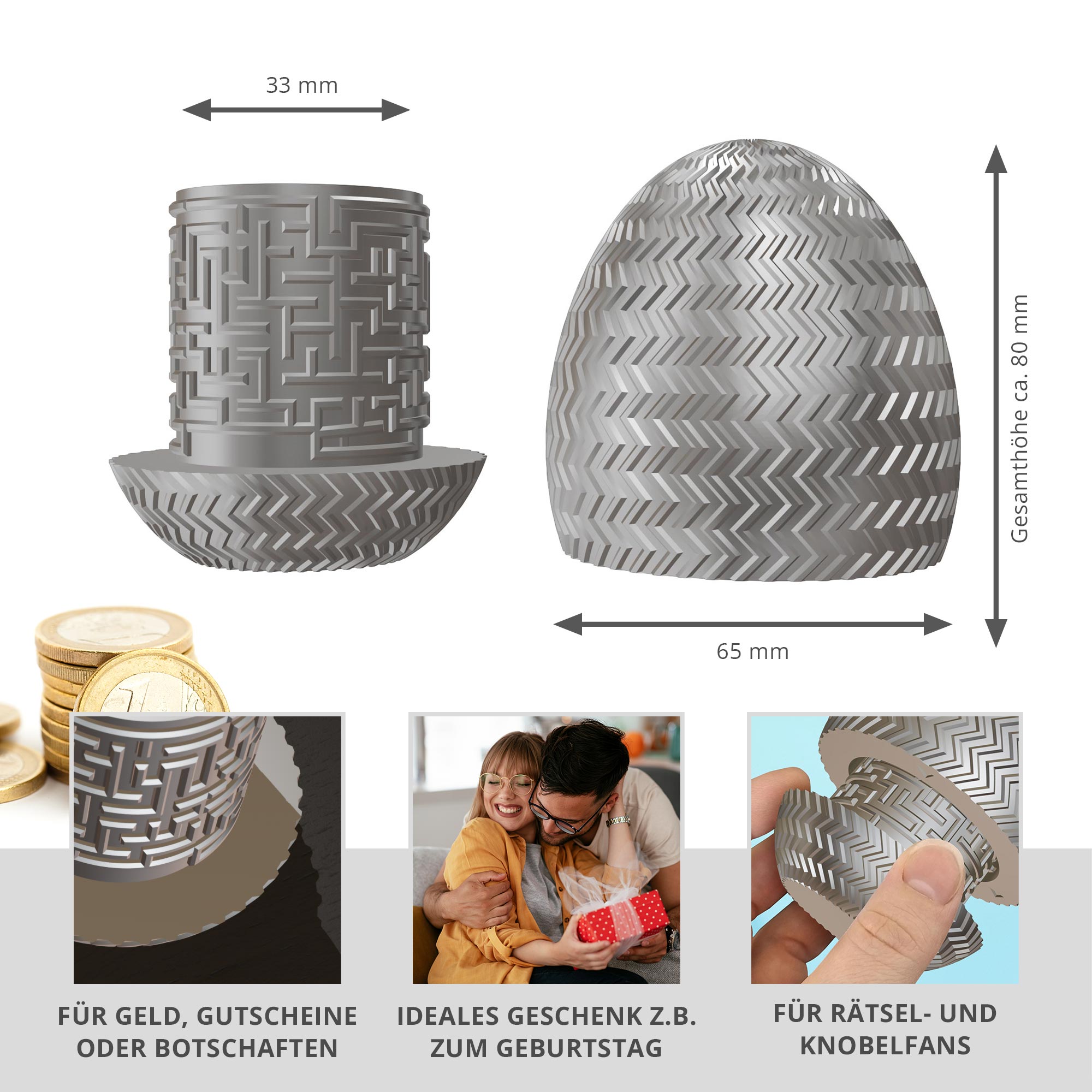 Labyrinthbox Ei in Silber – Geschenkverpackung für Geld, Gutscheine & kleine Überraschungen
