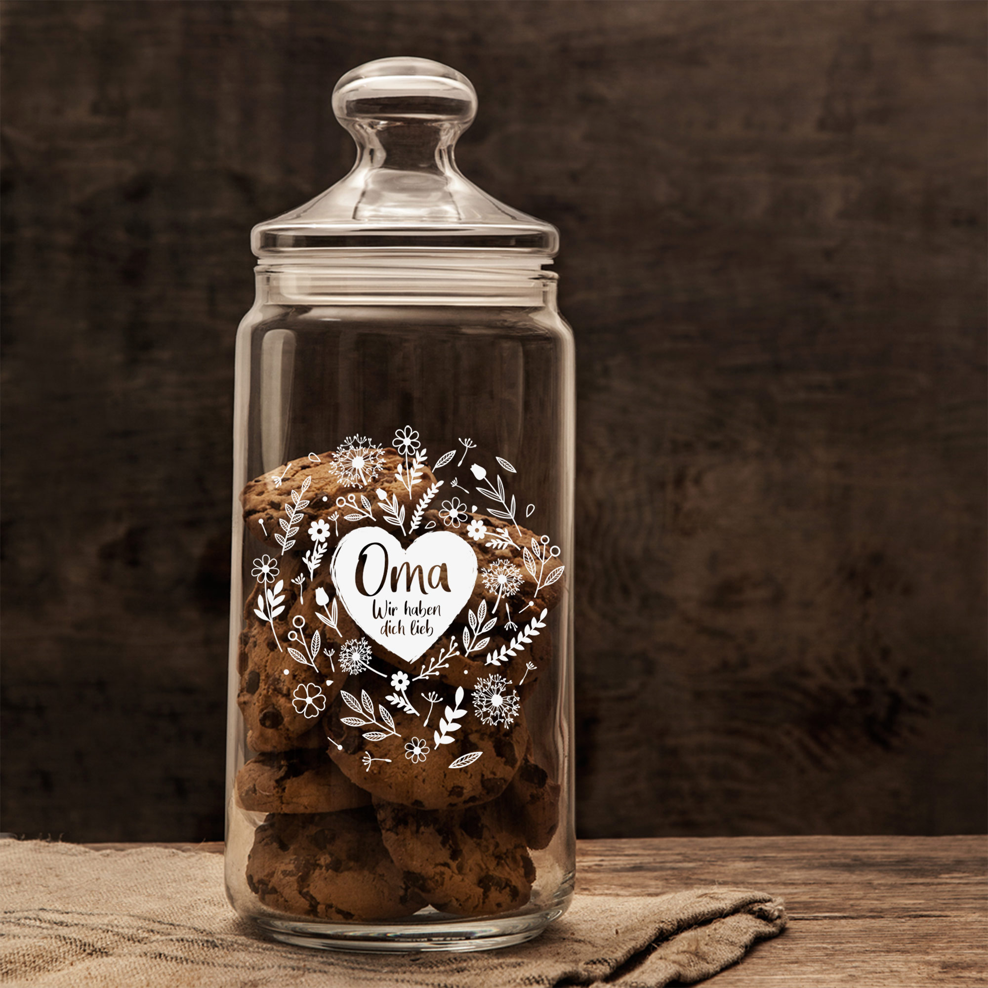Vorratsglas mit Blumenherz Motiv, Glasbehälter mit Gravur für Oma, Keksdose als Geschenk für Oma, Aufbewahrungsglas mit luftdichtem Deckel