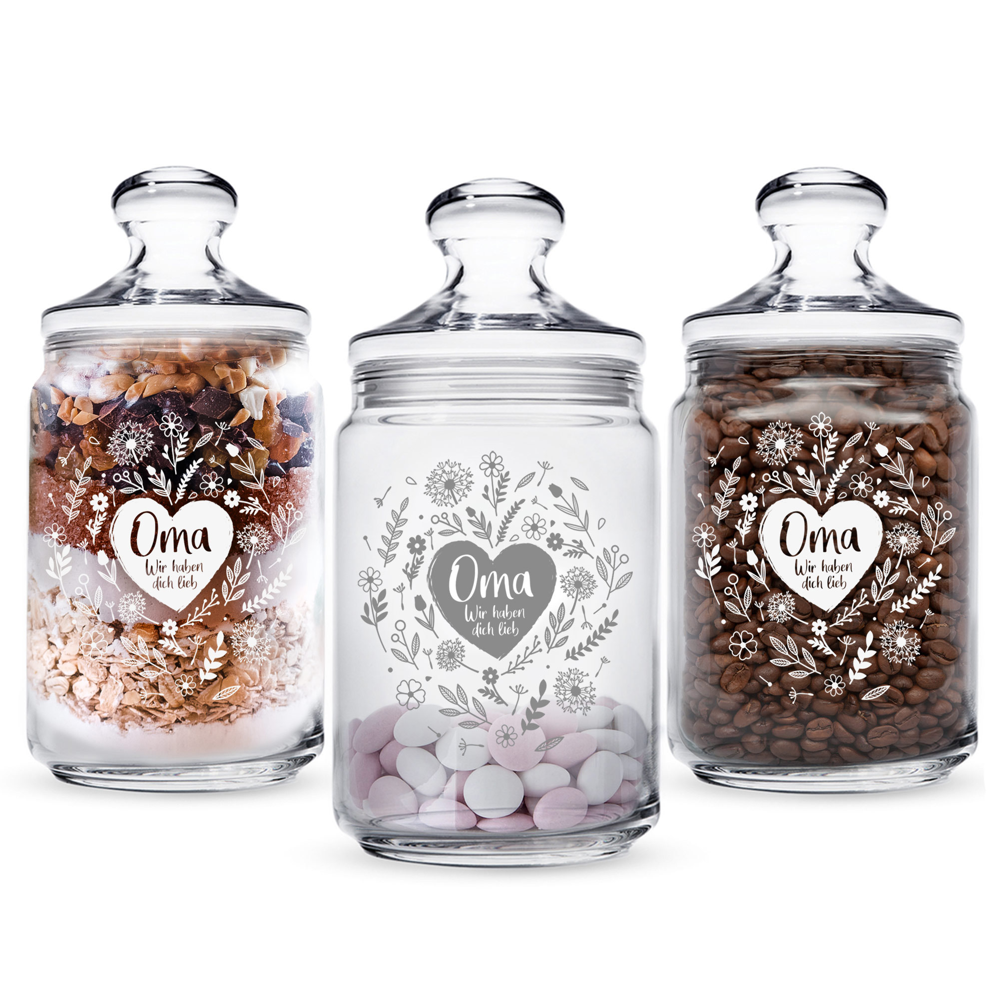 Glas für Bonbons mit Gravur, Bonboniere für Süßigkeiten, Süßigkeiten Glas mit Blumenherz Motiv, Aufbewahrungsglas als Geschenk für Oma